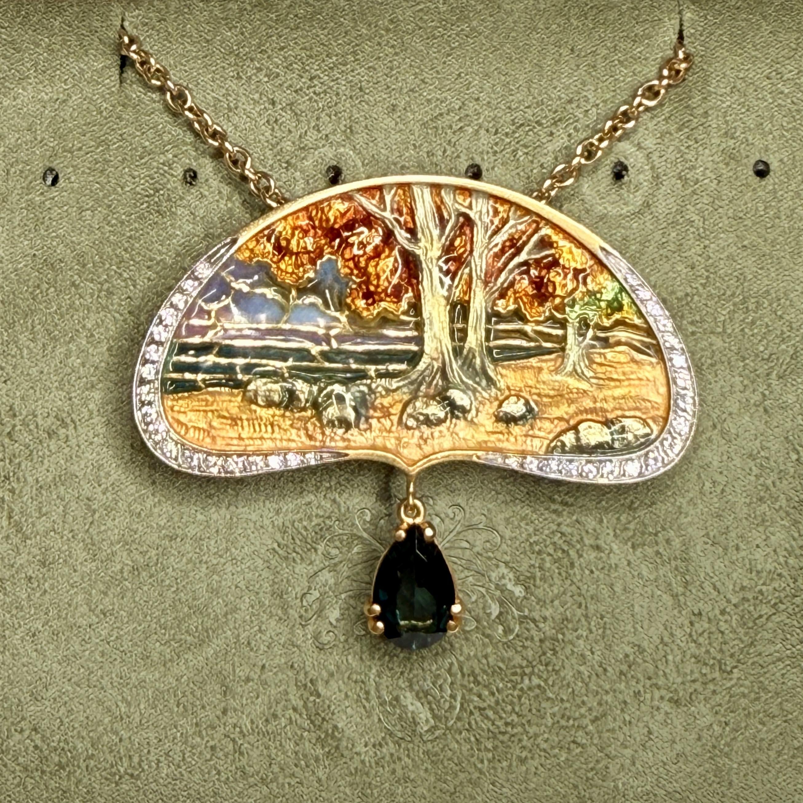 Masriera 'Eden' Art Nouveau Style Green Tourmaline Diamond Pendant Brooch