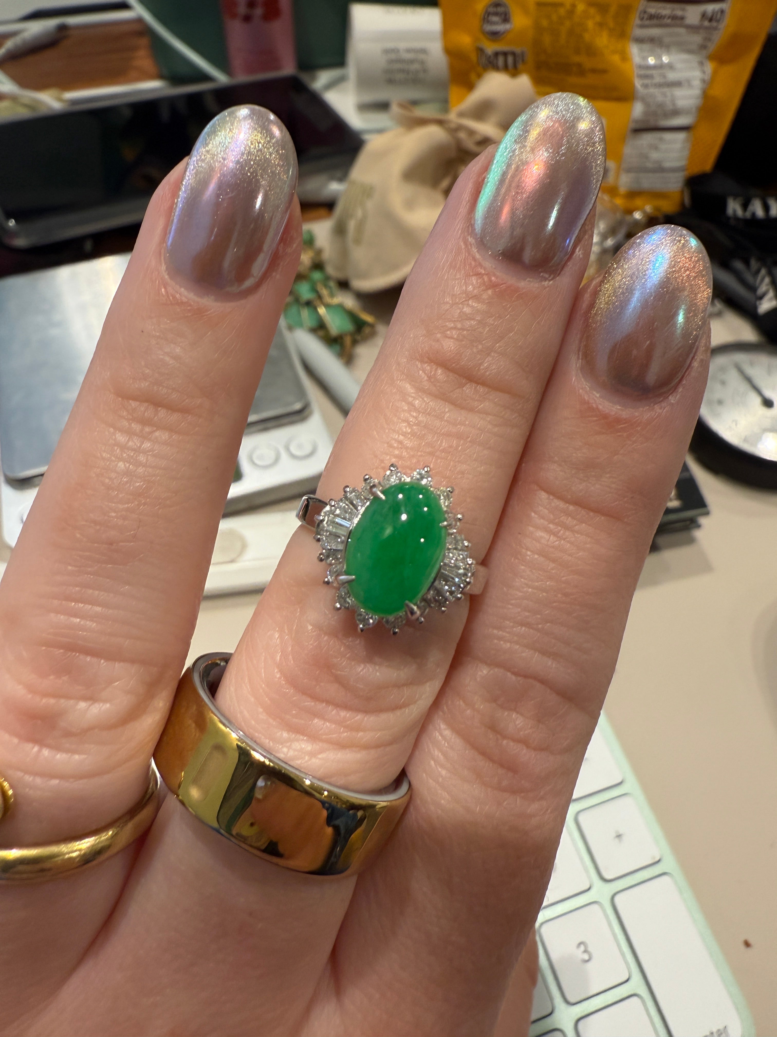 Vintage Jade & Diamond Platinum Ballerina Ring