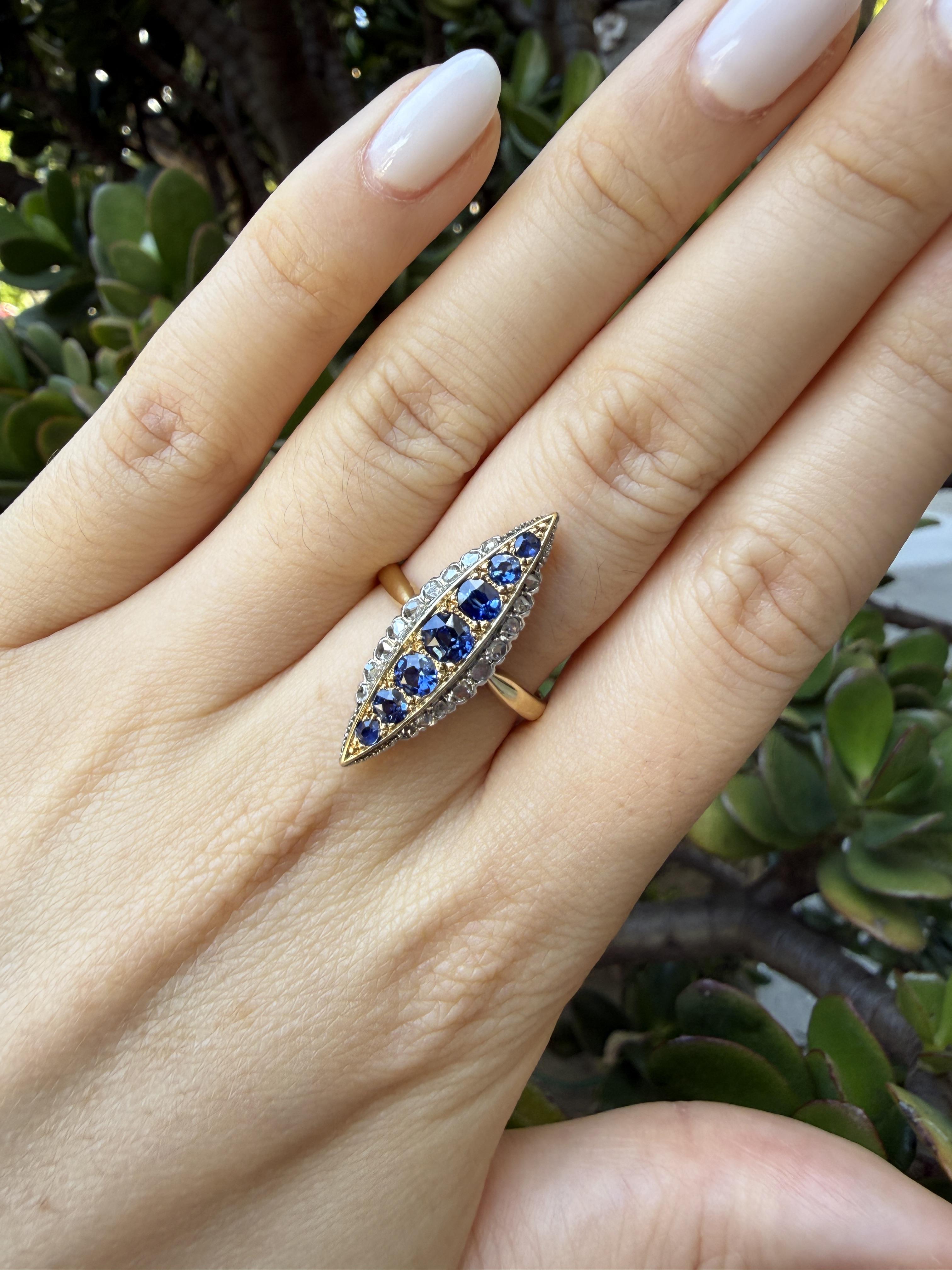 French Belle Epoque 18K Sapphire & Diamond Navette Ring