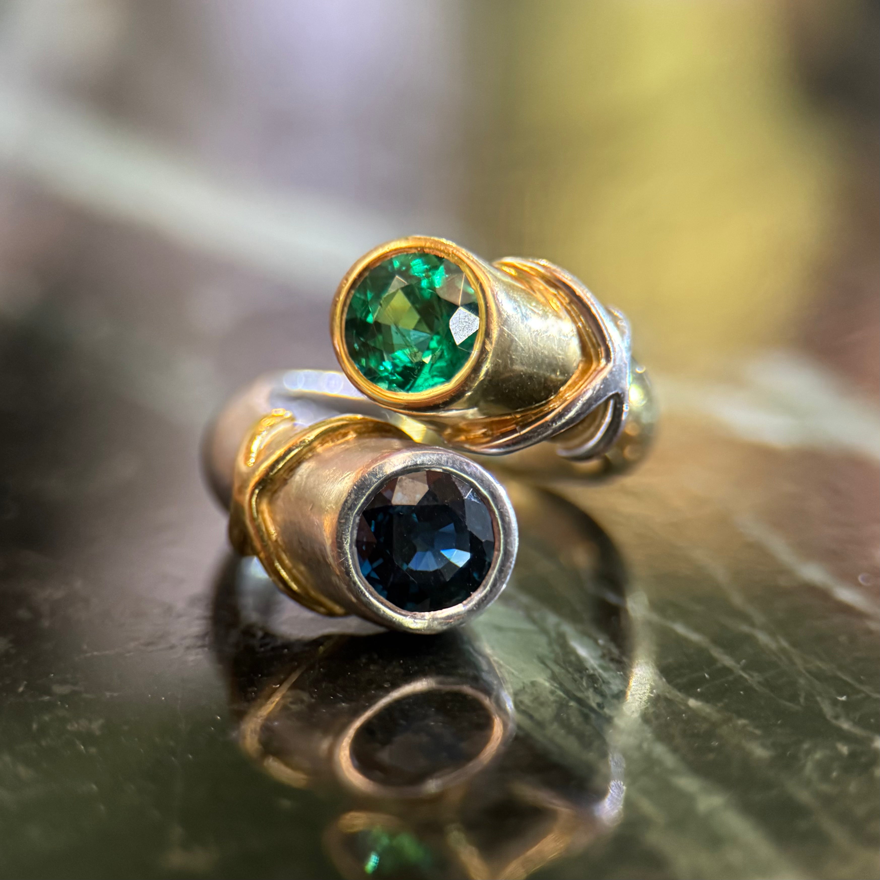 18k Yellow Gold & Platinum Emerald + Sapphire Bypass Ring