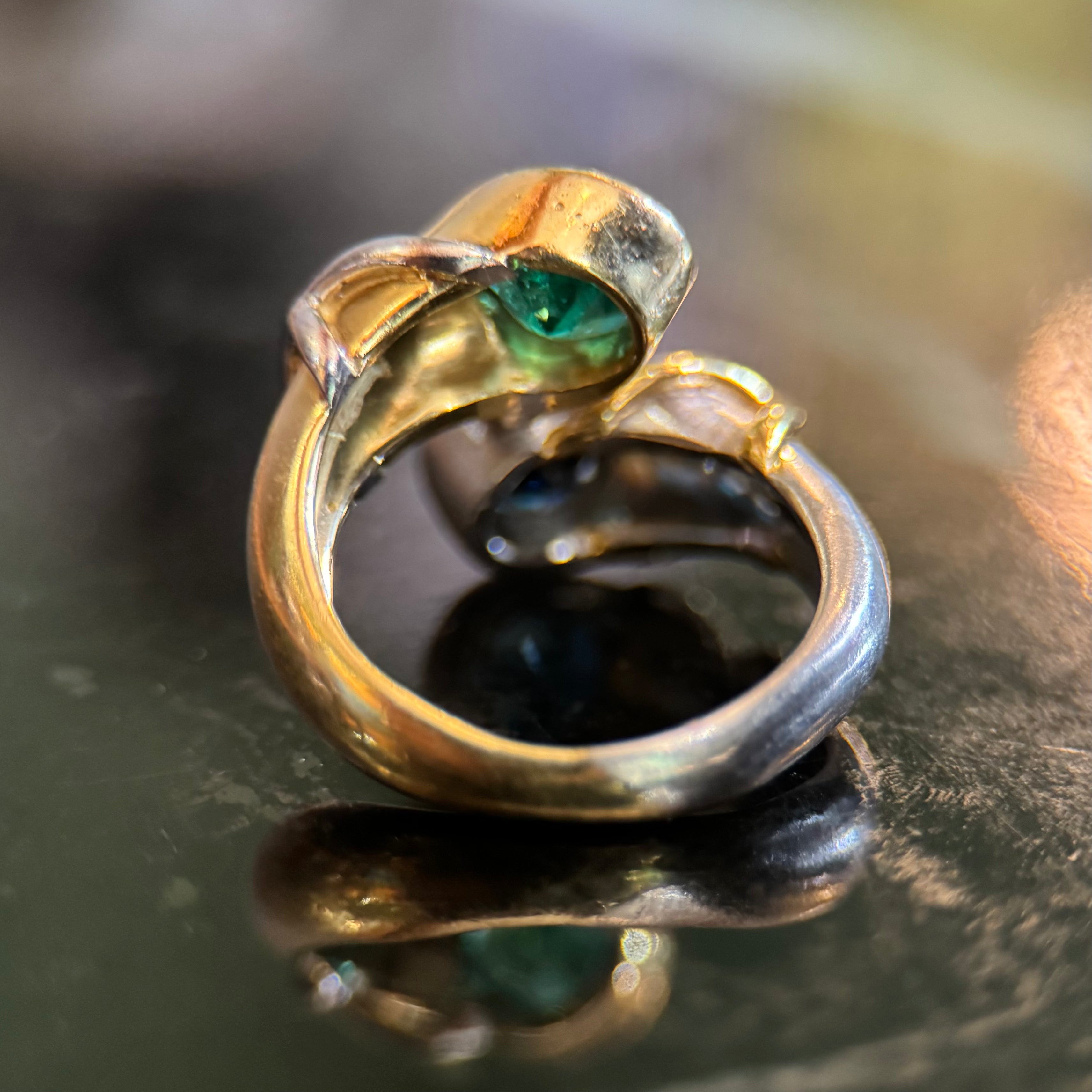 18k Yellow Gold & Platinum Emerald + Sapphire Bypass Ring