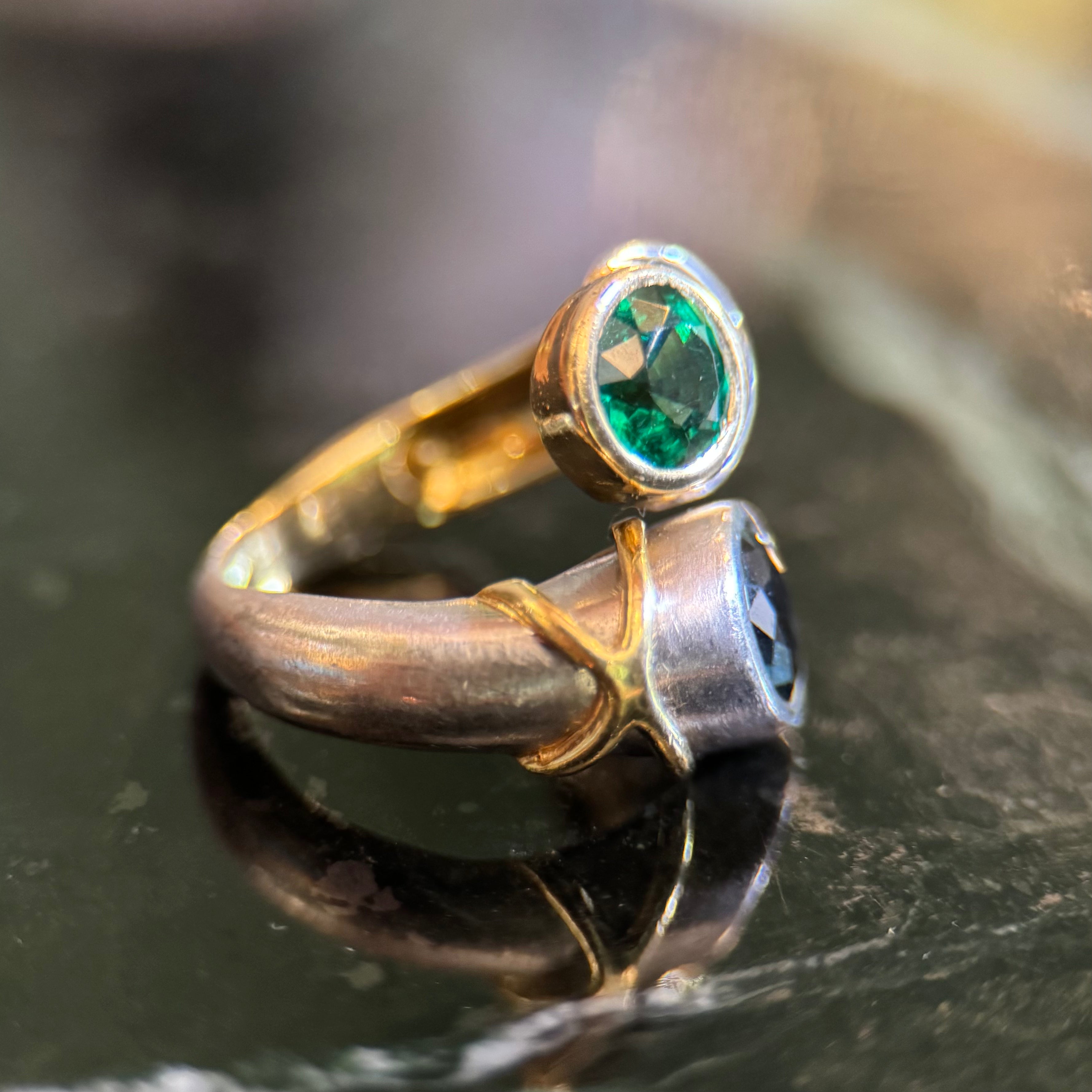 18k Yellow Gold & Platinum Emerald + Sapphire Bypass Ring