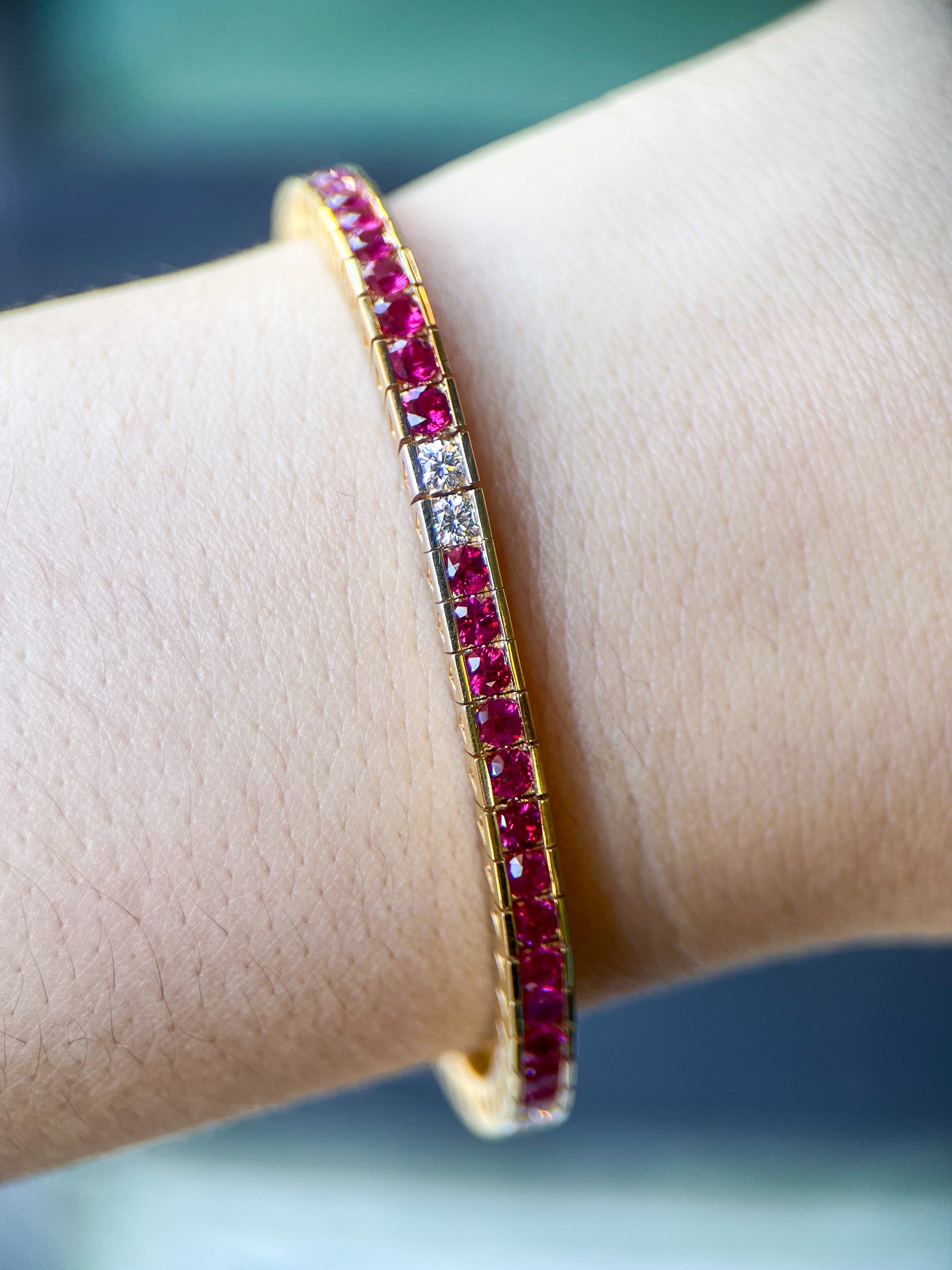 18K Natural Pink Sapphire & Diamond Line Bracelet