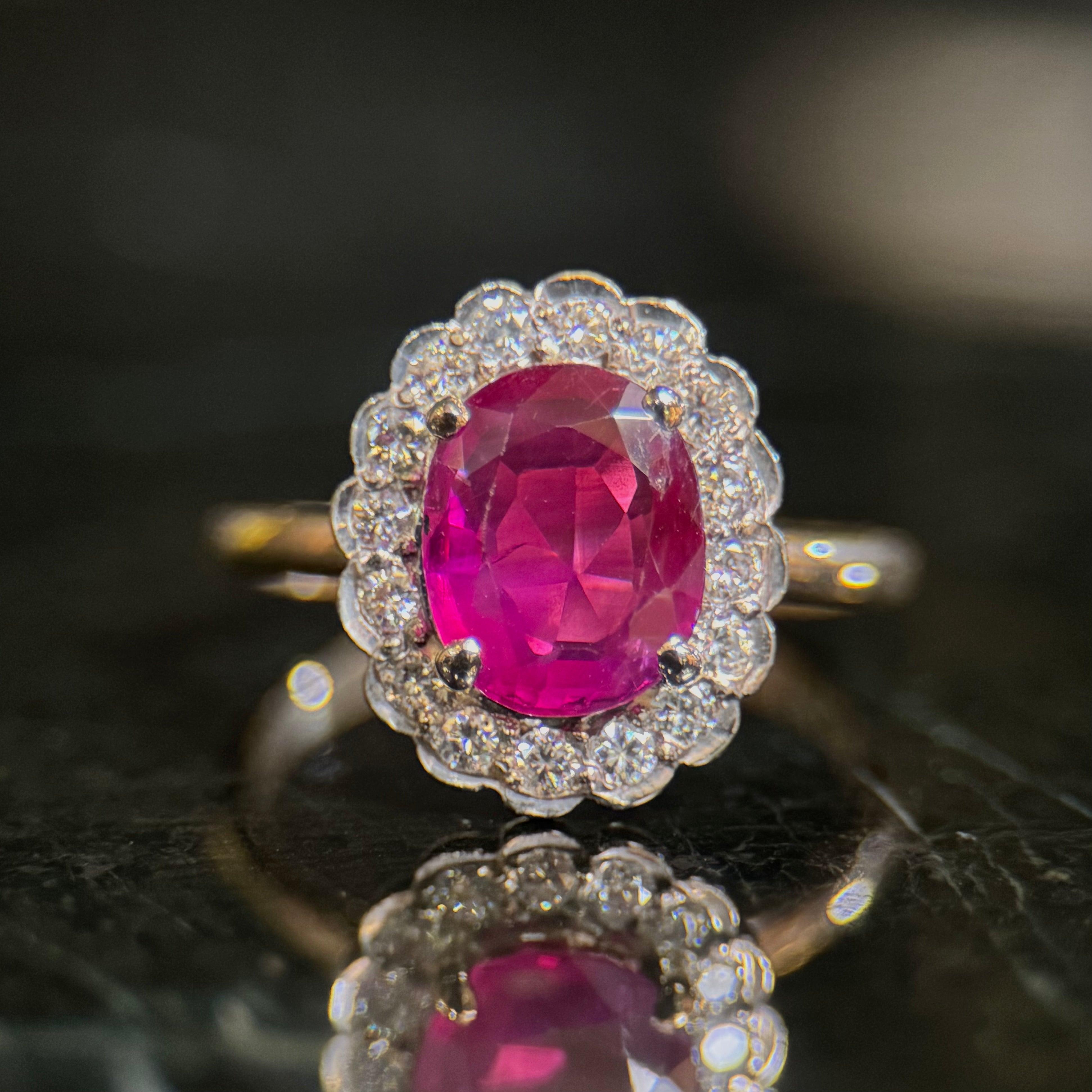 Vintage 1.97 CT Burma Ruby & Diamond Cluster Ring