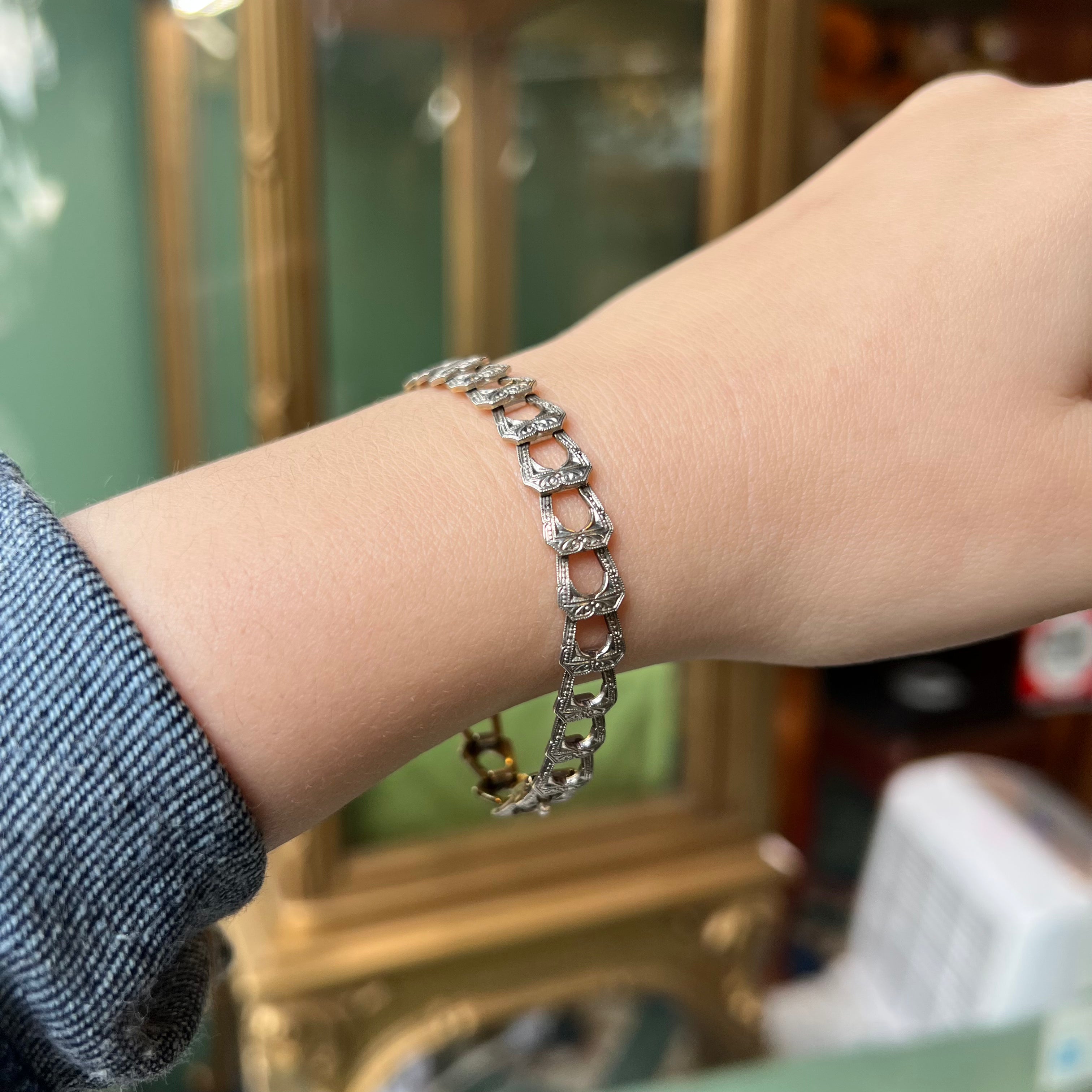Art Deco Krementz Engraved Platinum & 14K Engraved Bracelet