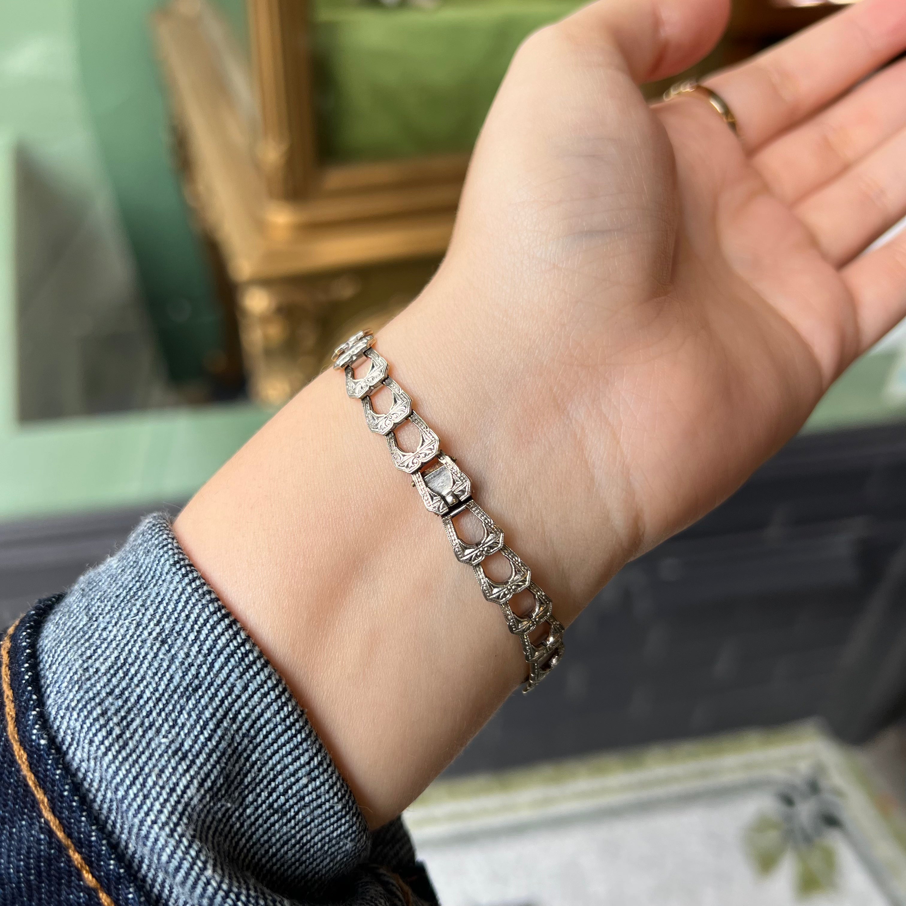 Art Deco Krementz Engraved Platinum & 14K Engraved Bracelet