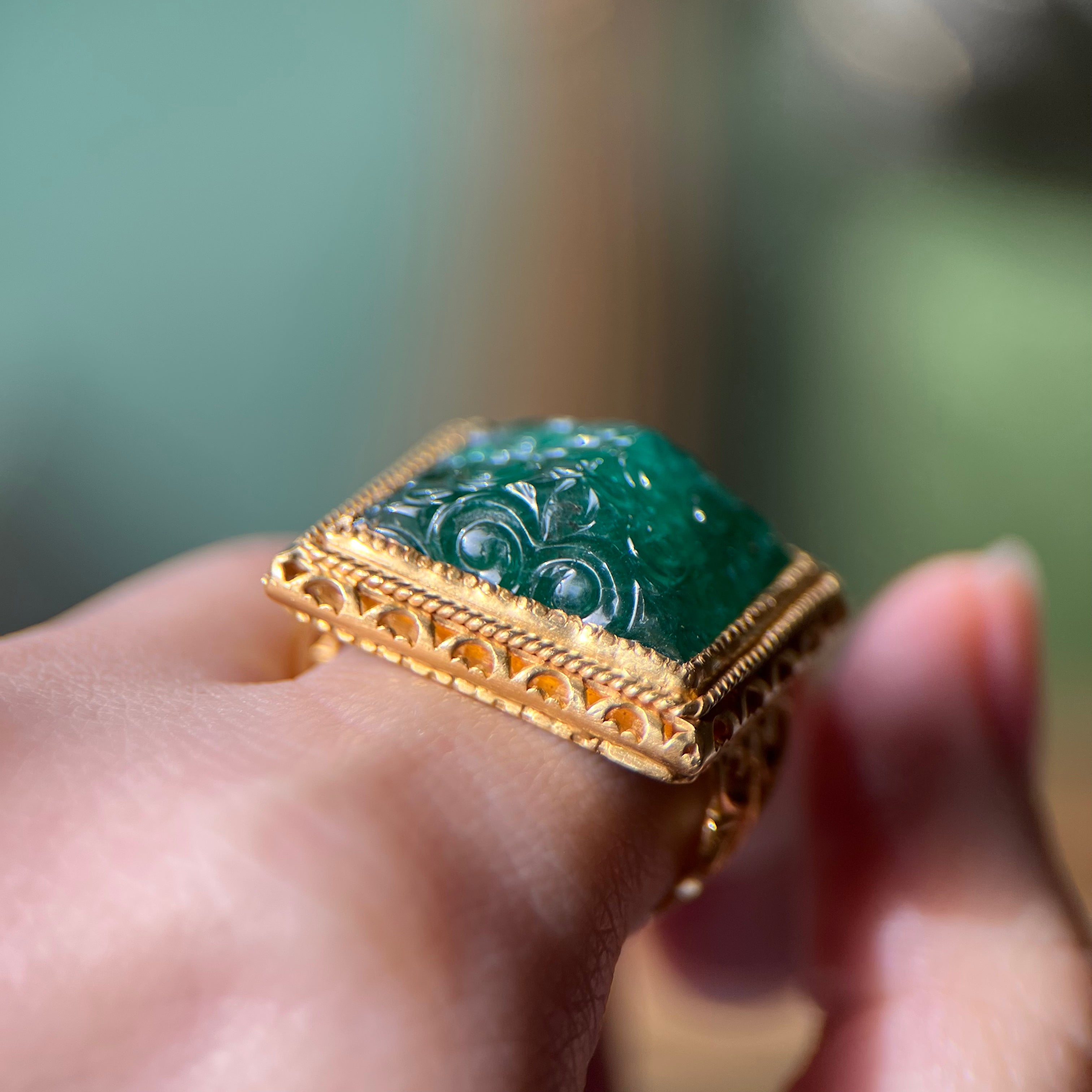 22K Carved Emerald Ring