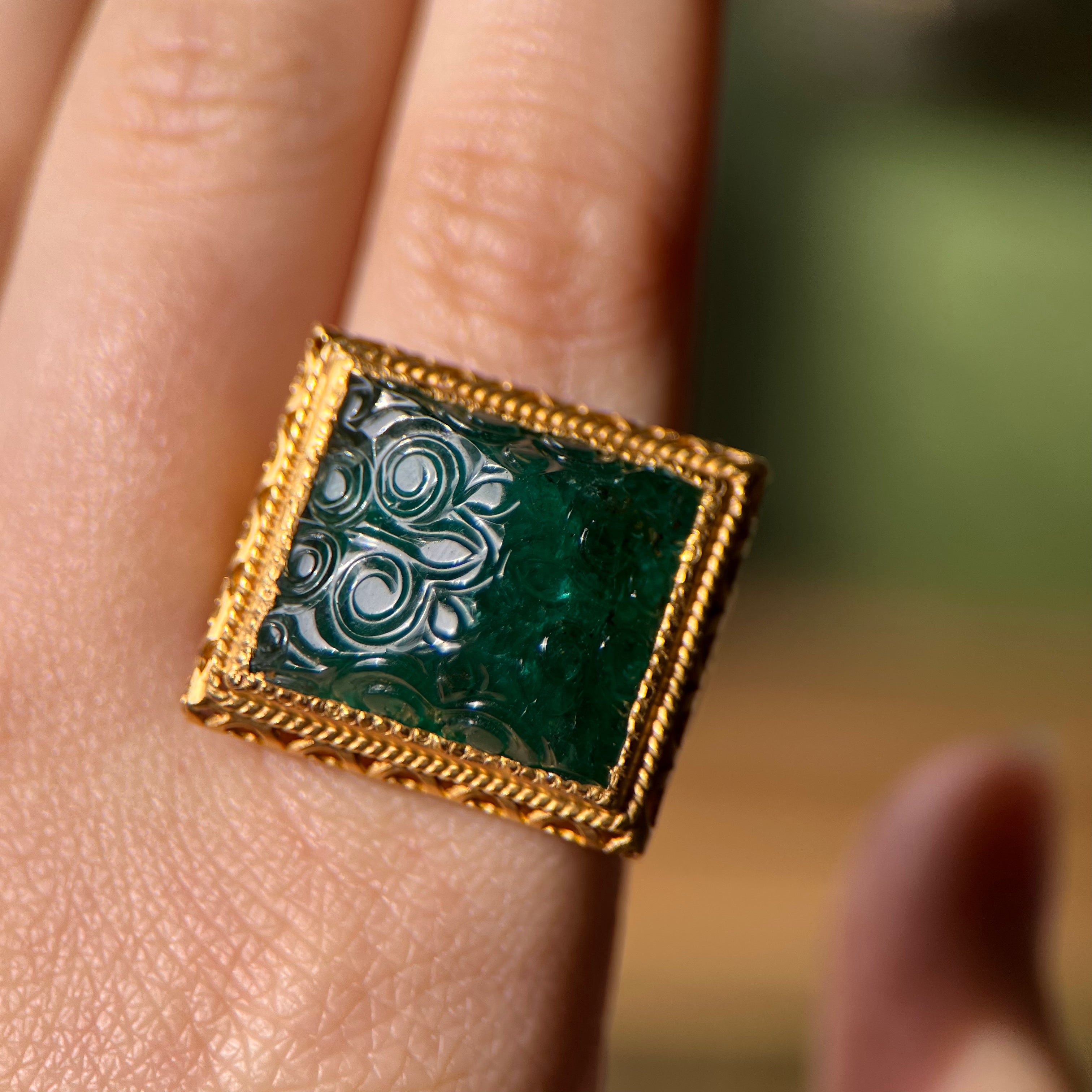 22K Carved Emerald Ring