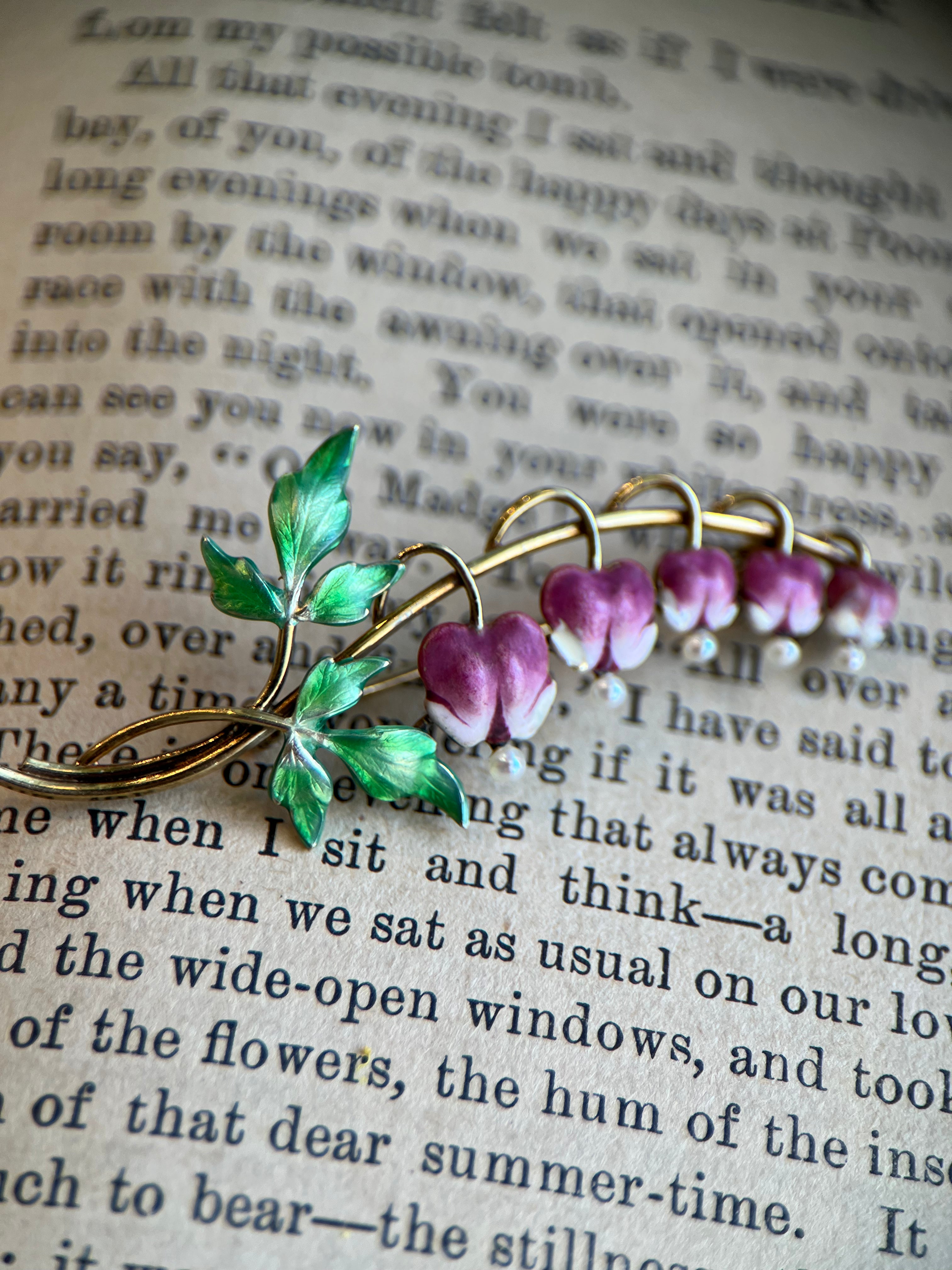Art Nouveau Krementz Bleeding Hearts Floral Enamel Brooch