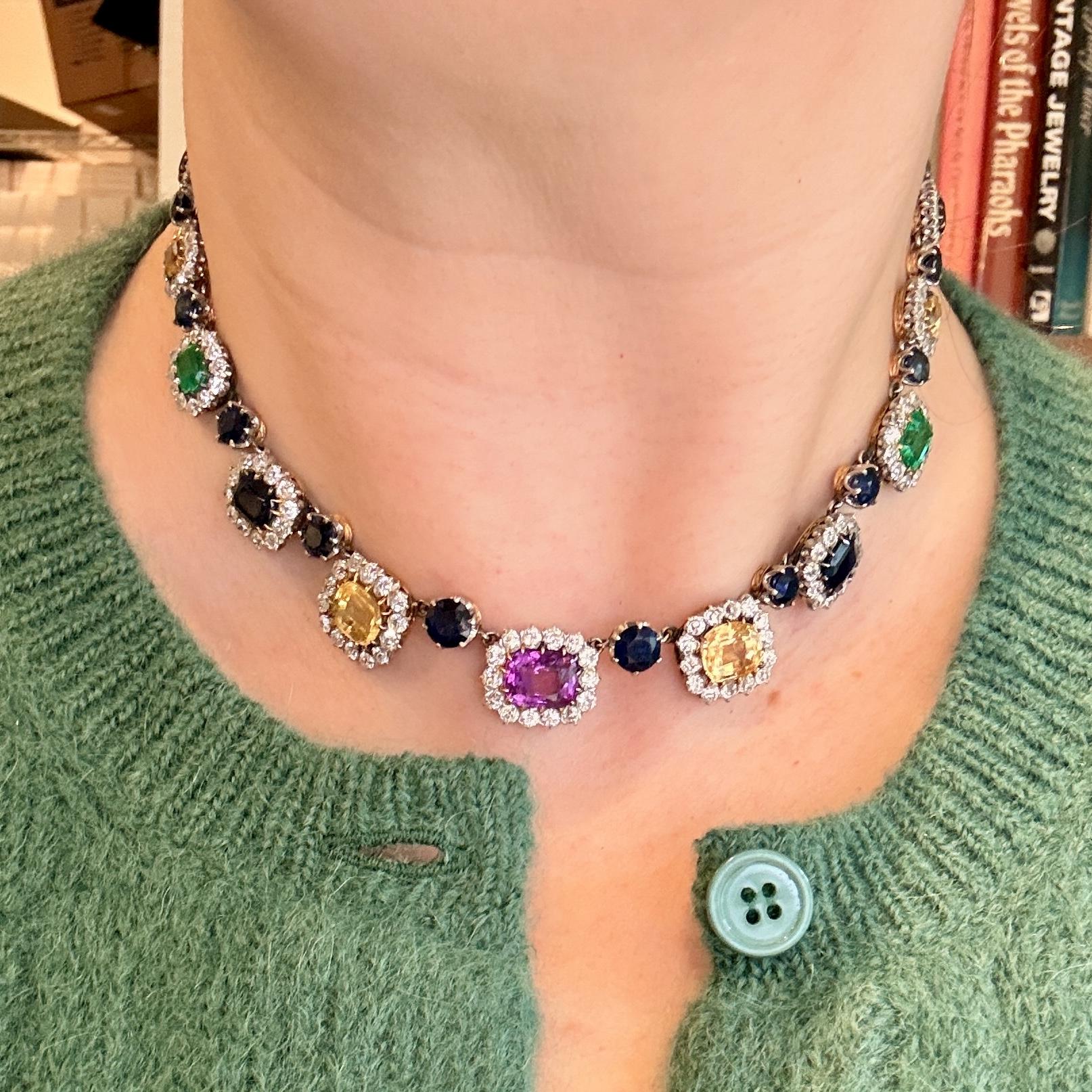 Victorian Sapphire Diamond Cluster Harlequin Necklace