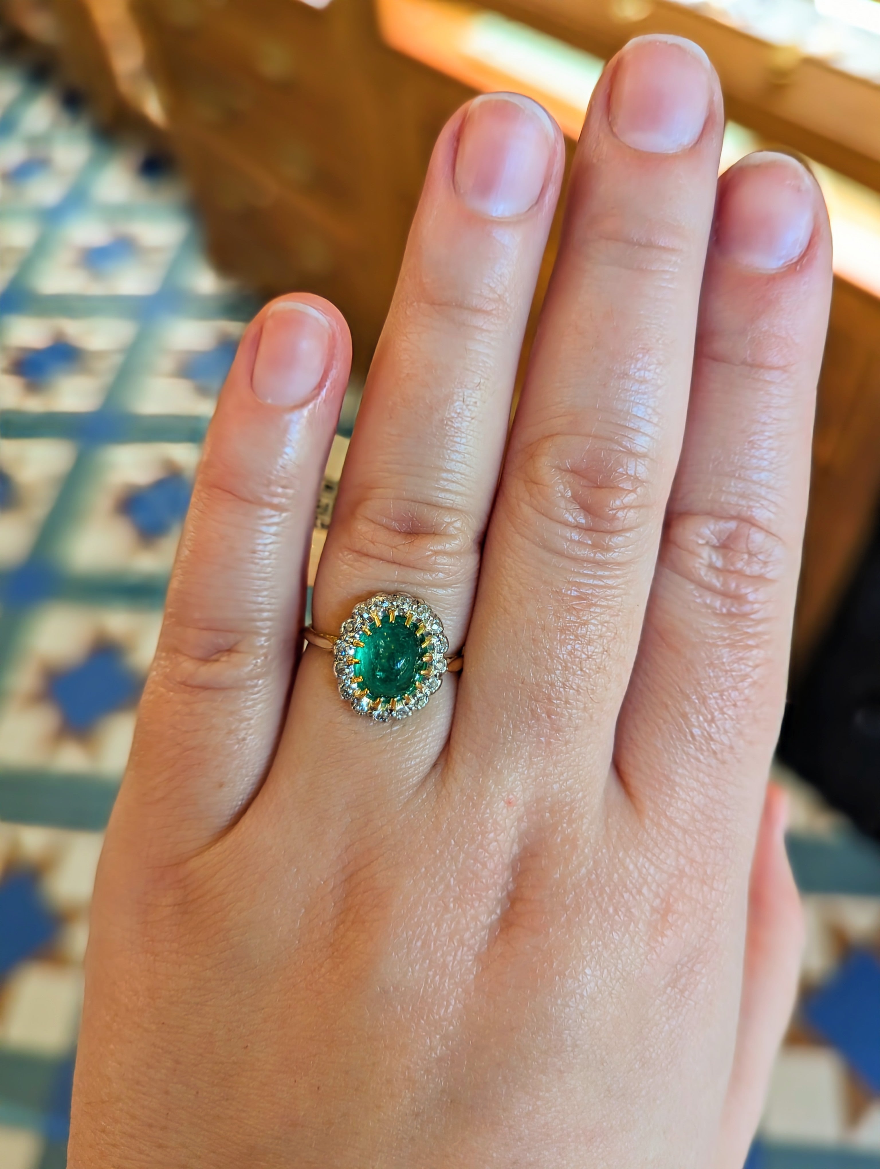 Edwardian 14k & Platinum Colombian Emerald Cabochon (2.30ct) & Diamond Halo (0.25cttw) Ring Sz 8