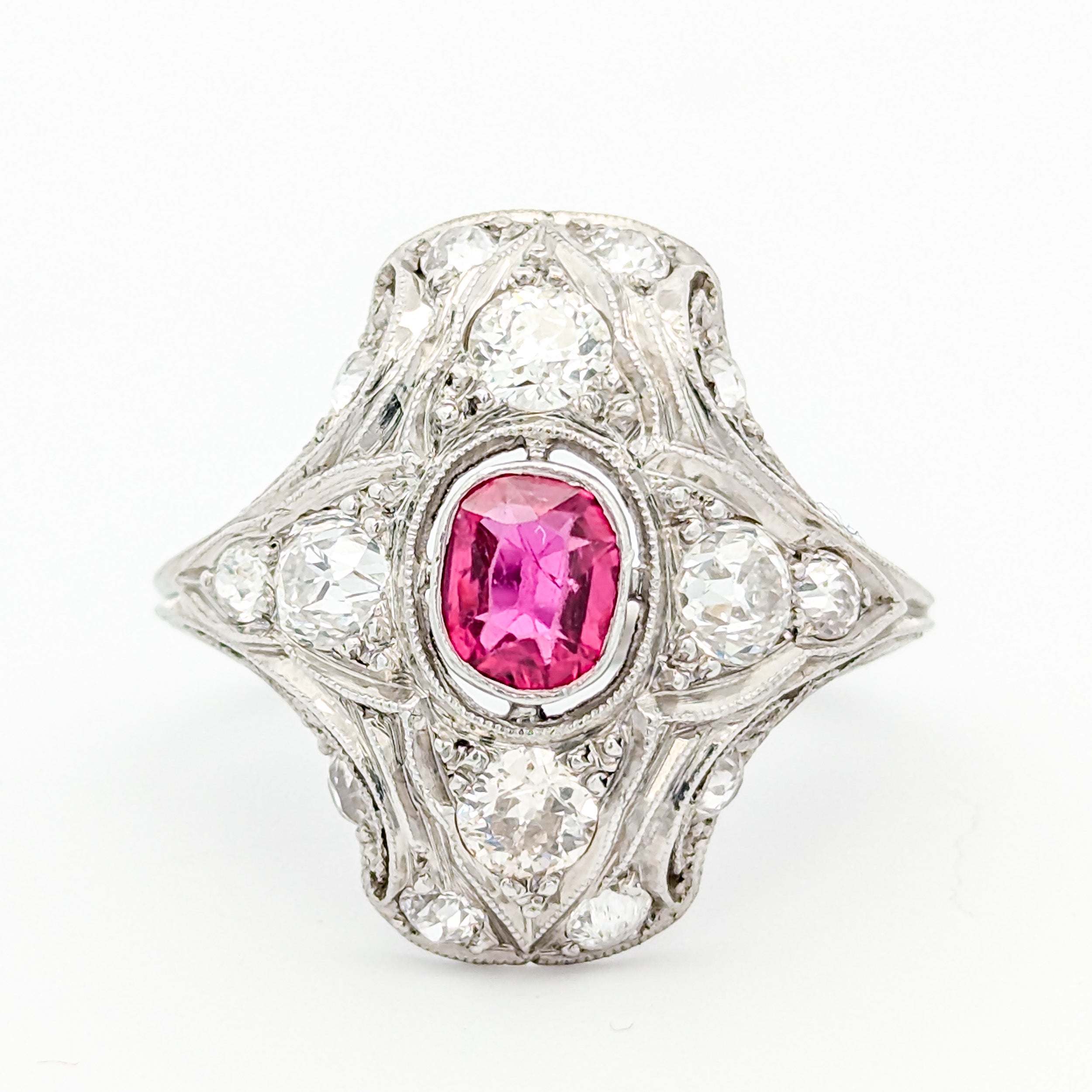 Edwardian Platinum Natural Ruby & Old Mine Cut Diamond Dinner Ring