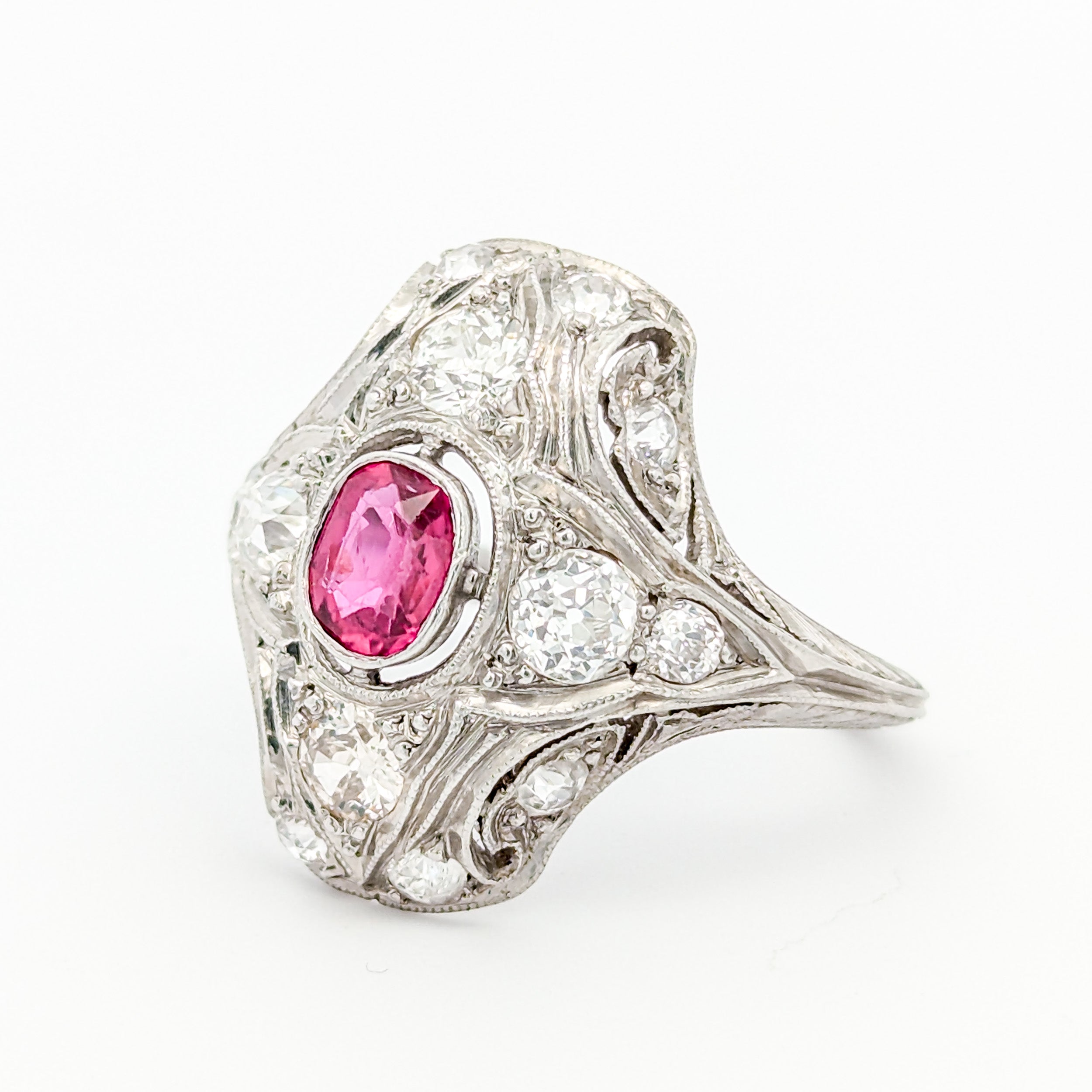 Edwardian Platinum Natural Ruby & Old Mine Cut Diamond Dinner Ring