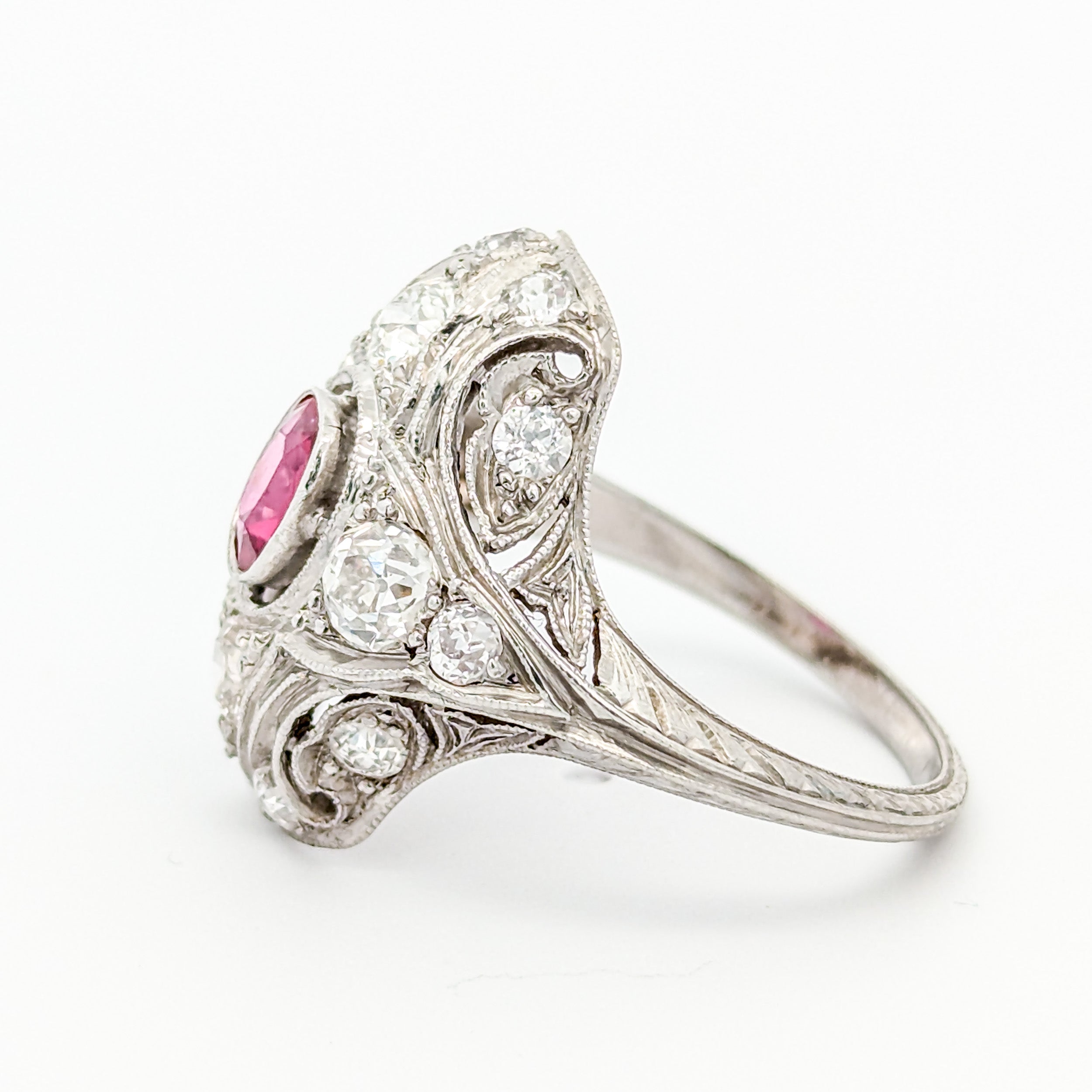 Edwardian Platinum Natural Ruby & Old Mine Cut Diamond Dinner Ring