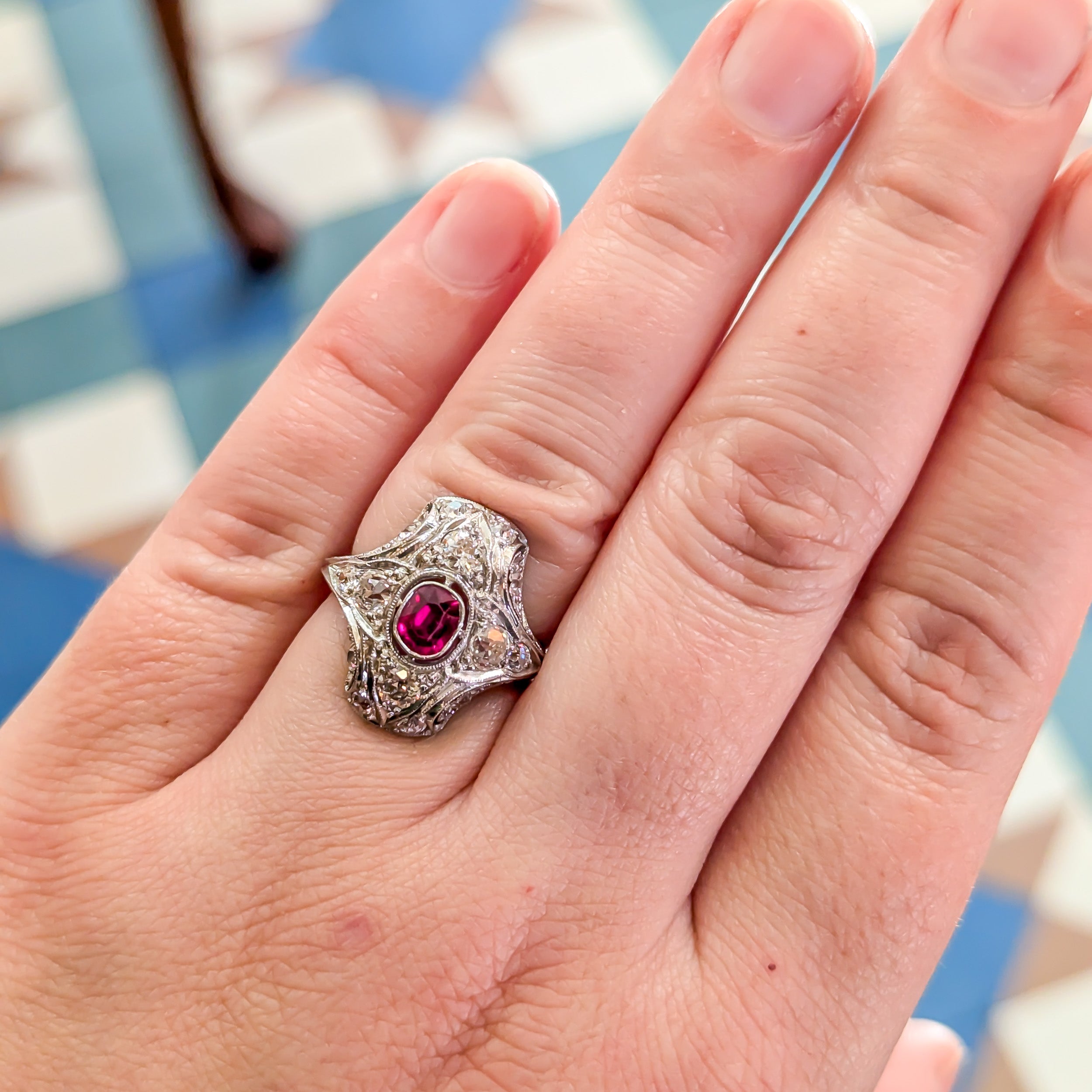 Edwardian Platinum Natural Ruby & Old Mine Cut Diamond Dinner Ring