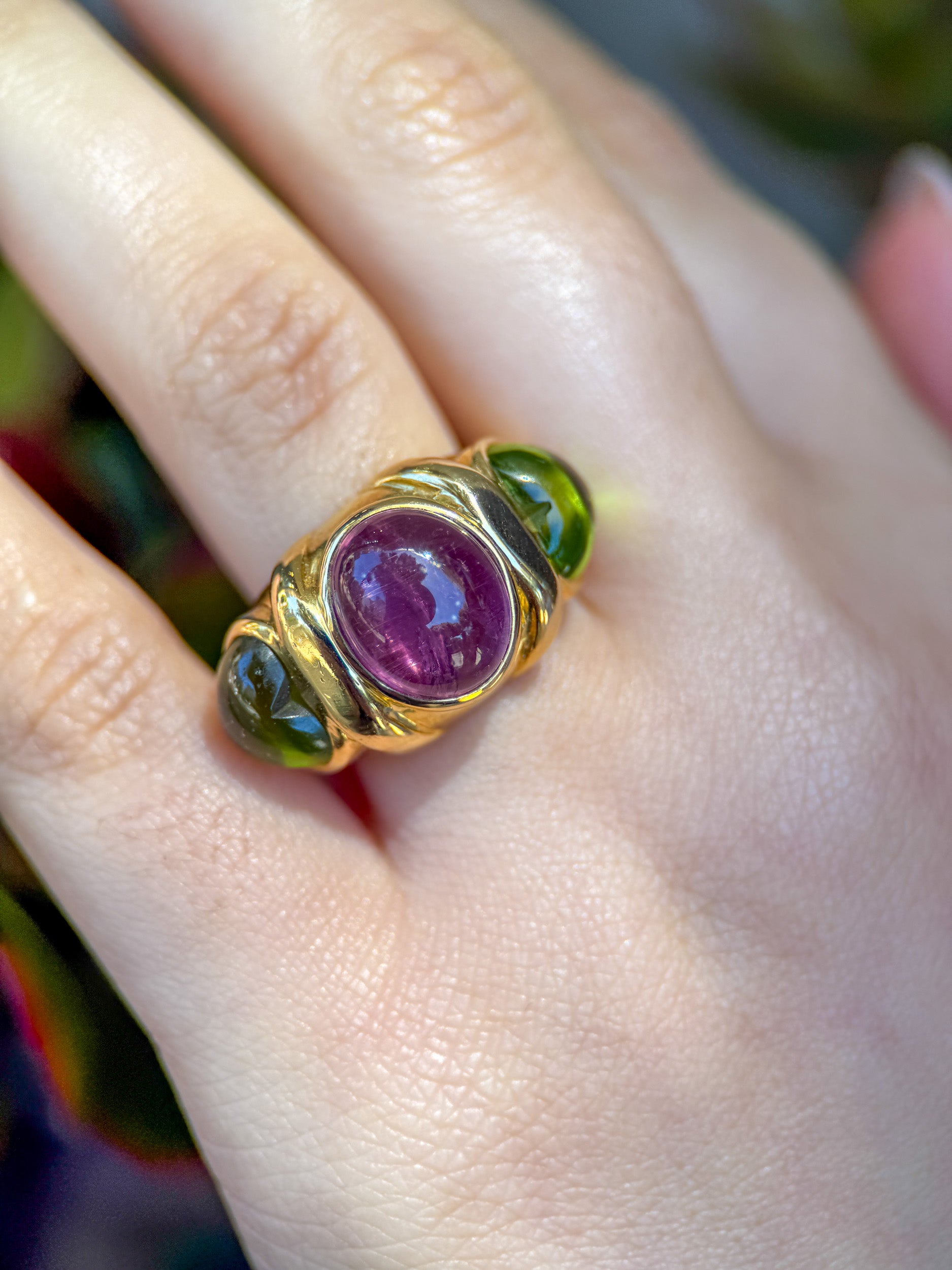 Vintage 18K French Pink Tourmaline & Peridot Ring