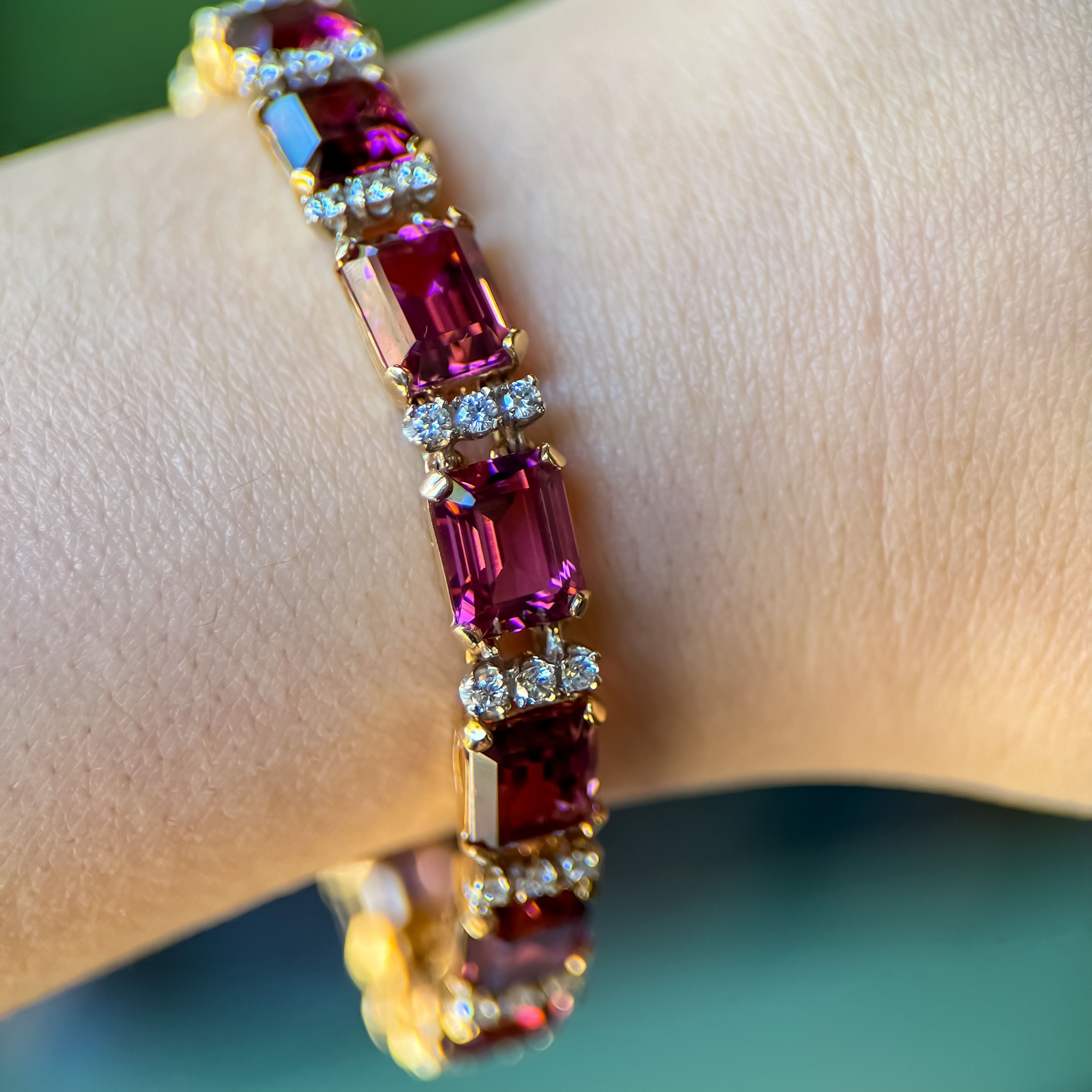 14K Yellow Gold Pink Tourmaline and Diamond Line Bracelet