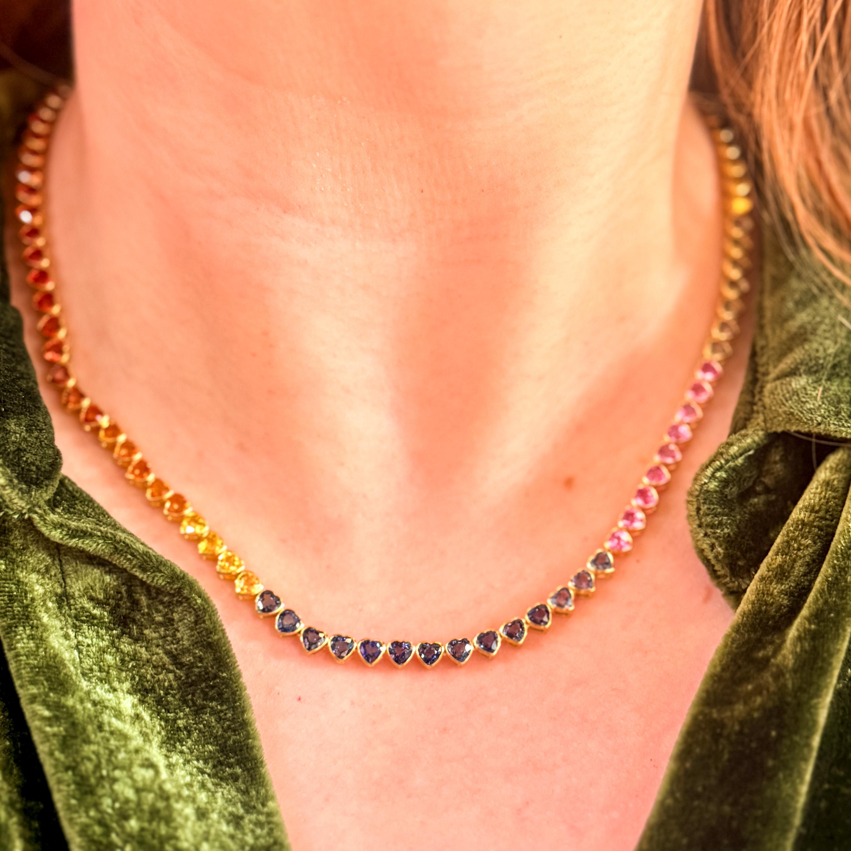 18K Rainbow Sapphire Heart Bezel Tennis Necklace