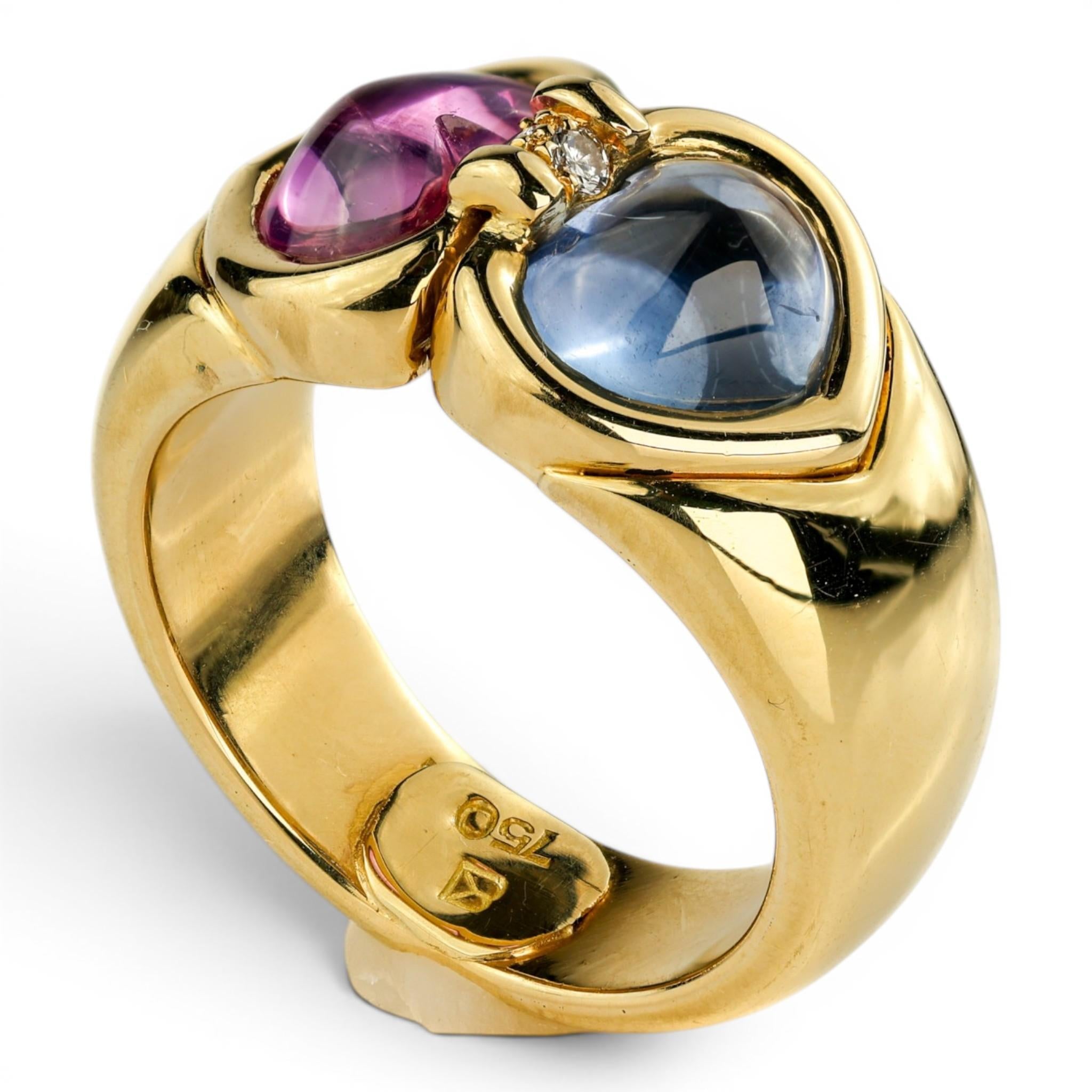 Vintage 18K Heart Cabochon Sapphire Toi et Moi Ring