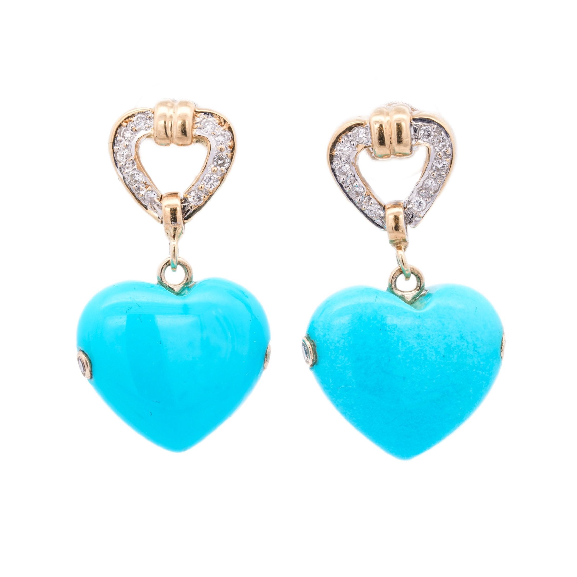 Vintage Turquoise & Diamond Heart 18K Earrings