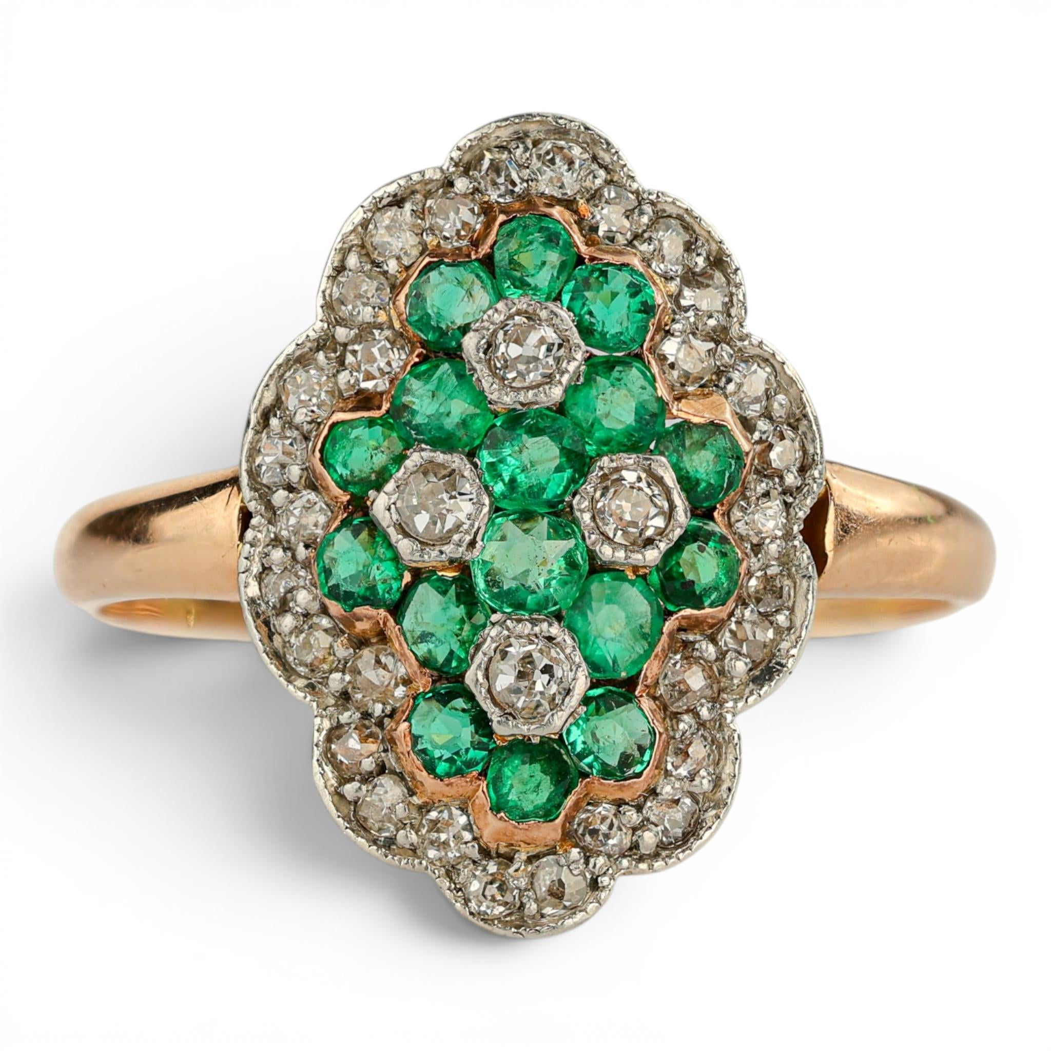 Edwardian Emerald & Diamond Navette Ring in 18k Gold & Platinum