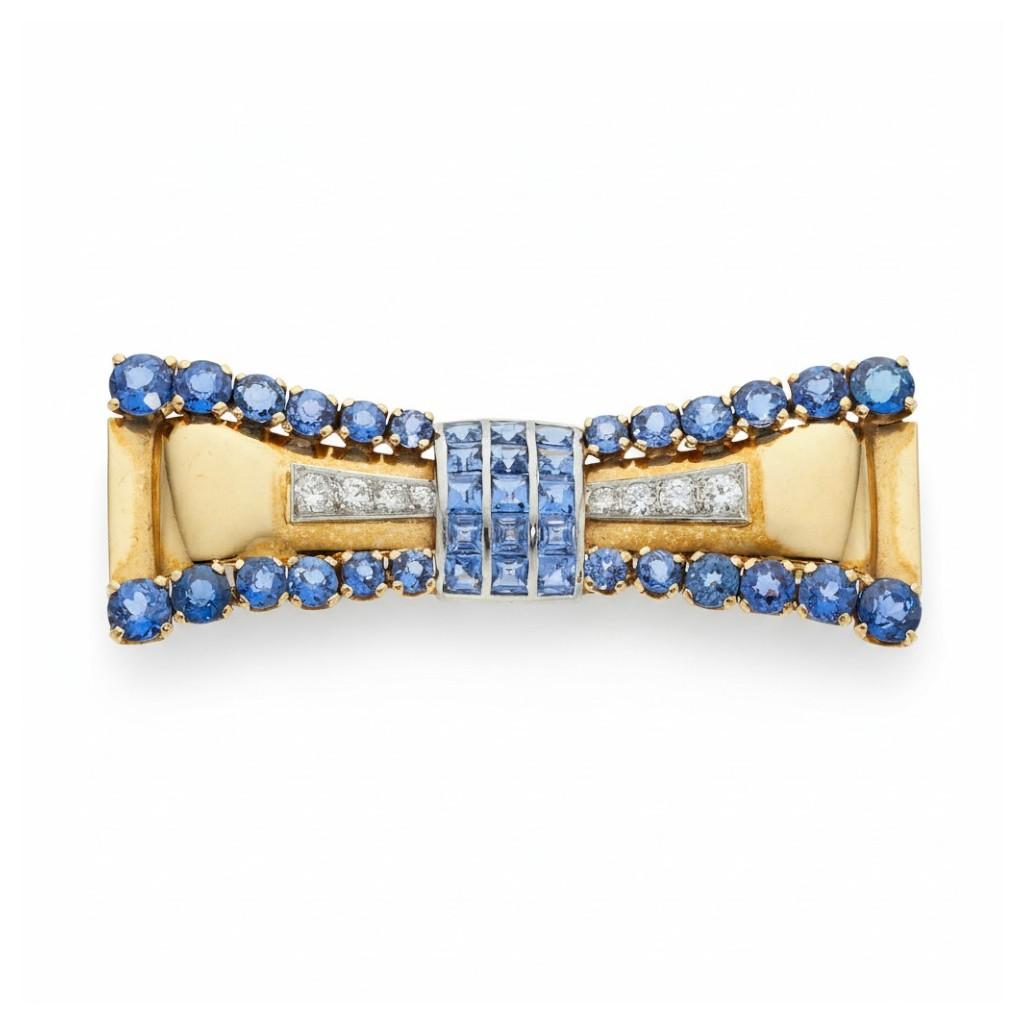 Retro Montana Sapphire & Diamond Bow Brooch