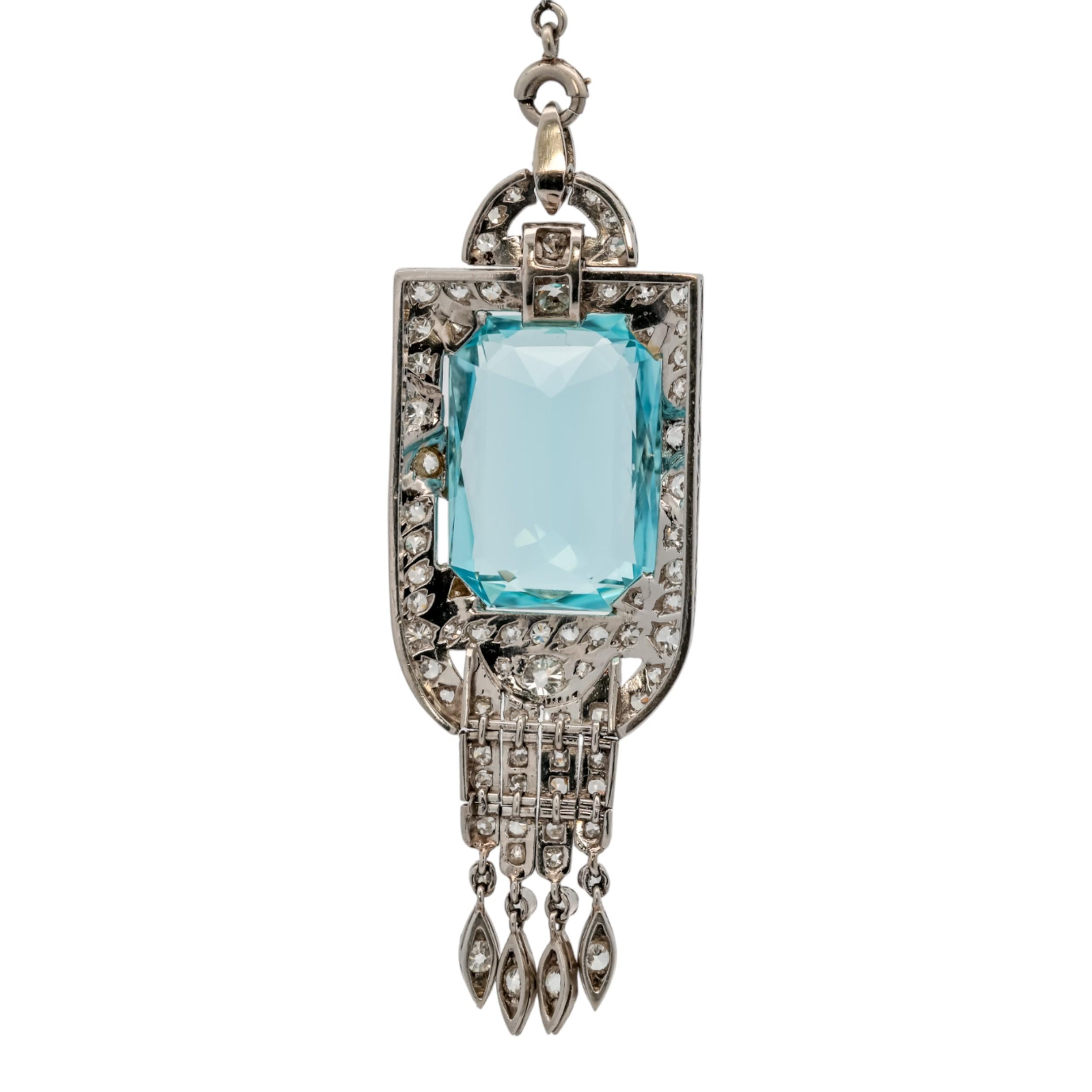 Art Deco Aquamarine Diamond Platinum Pendant