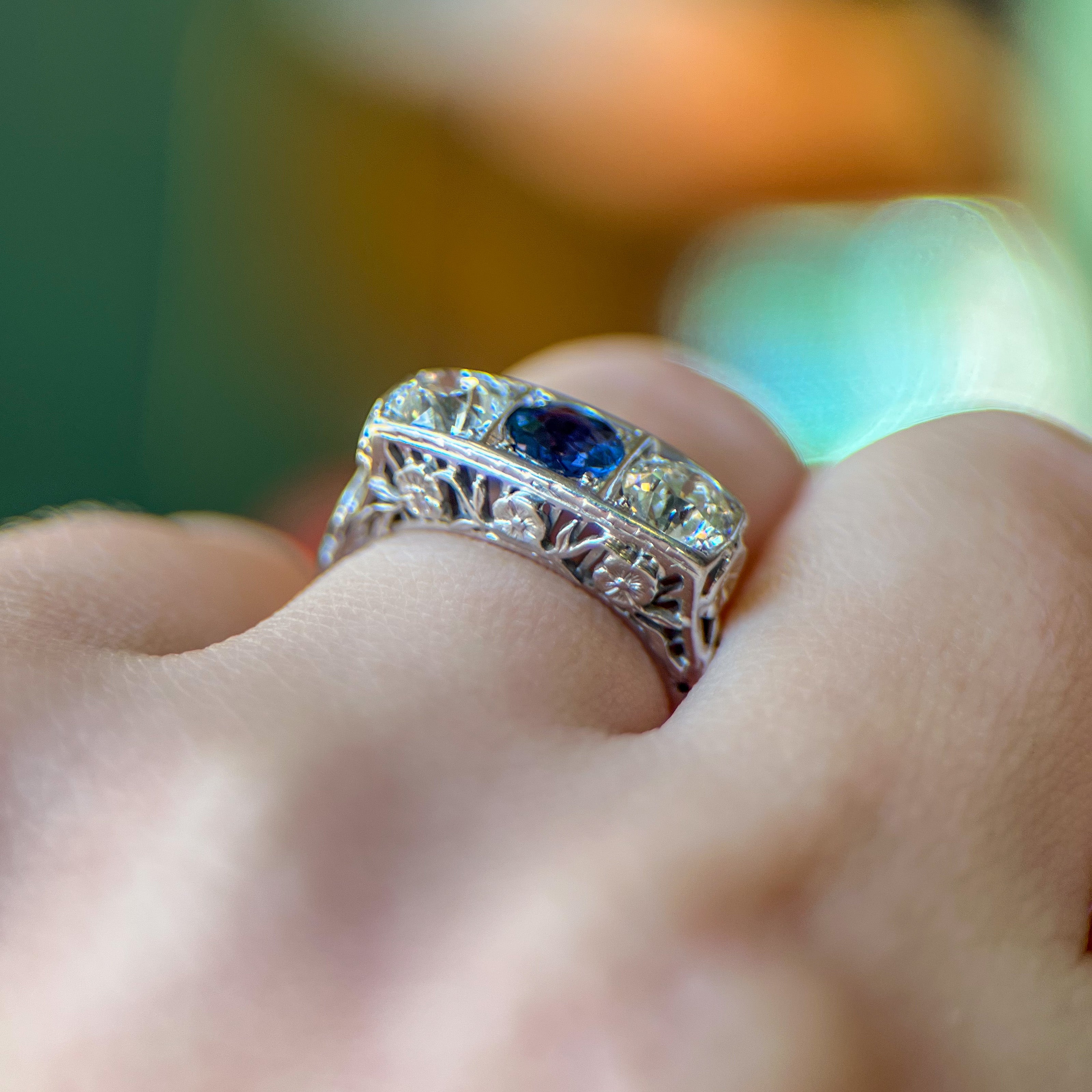 Edwardian Platinum Color-Change Yogo Gulch Montana Sapphire & Diamond Ring