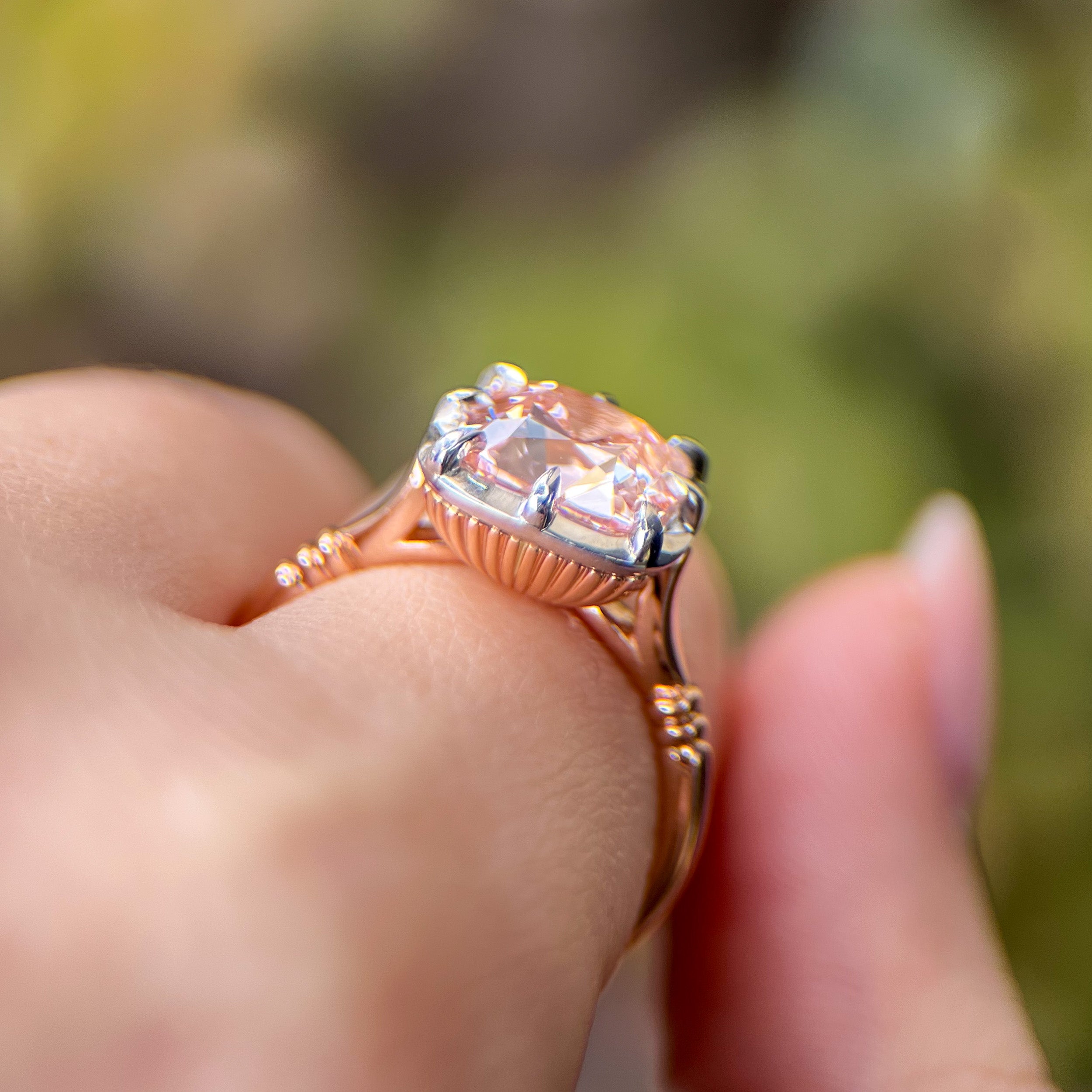 3.56ct Pink Antique Cut Diamond Button Back Collet Ring