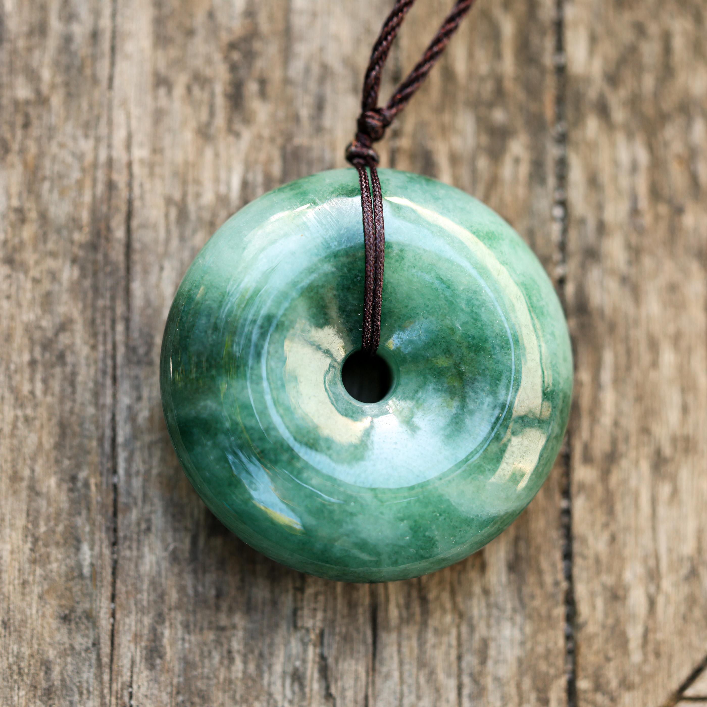 Green Jade Carved Bi on Cord