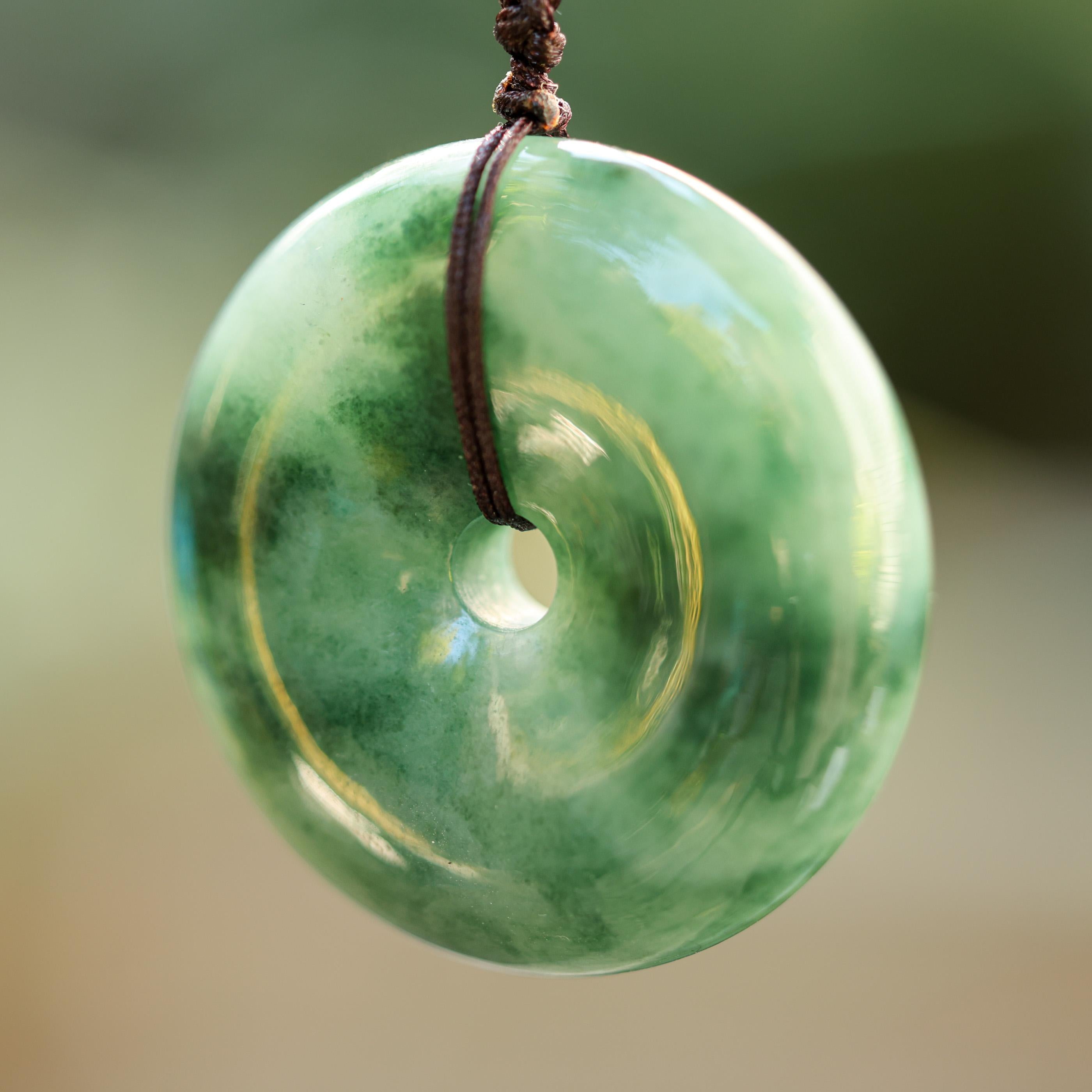 Green Jade Carved Bi on Cord