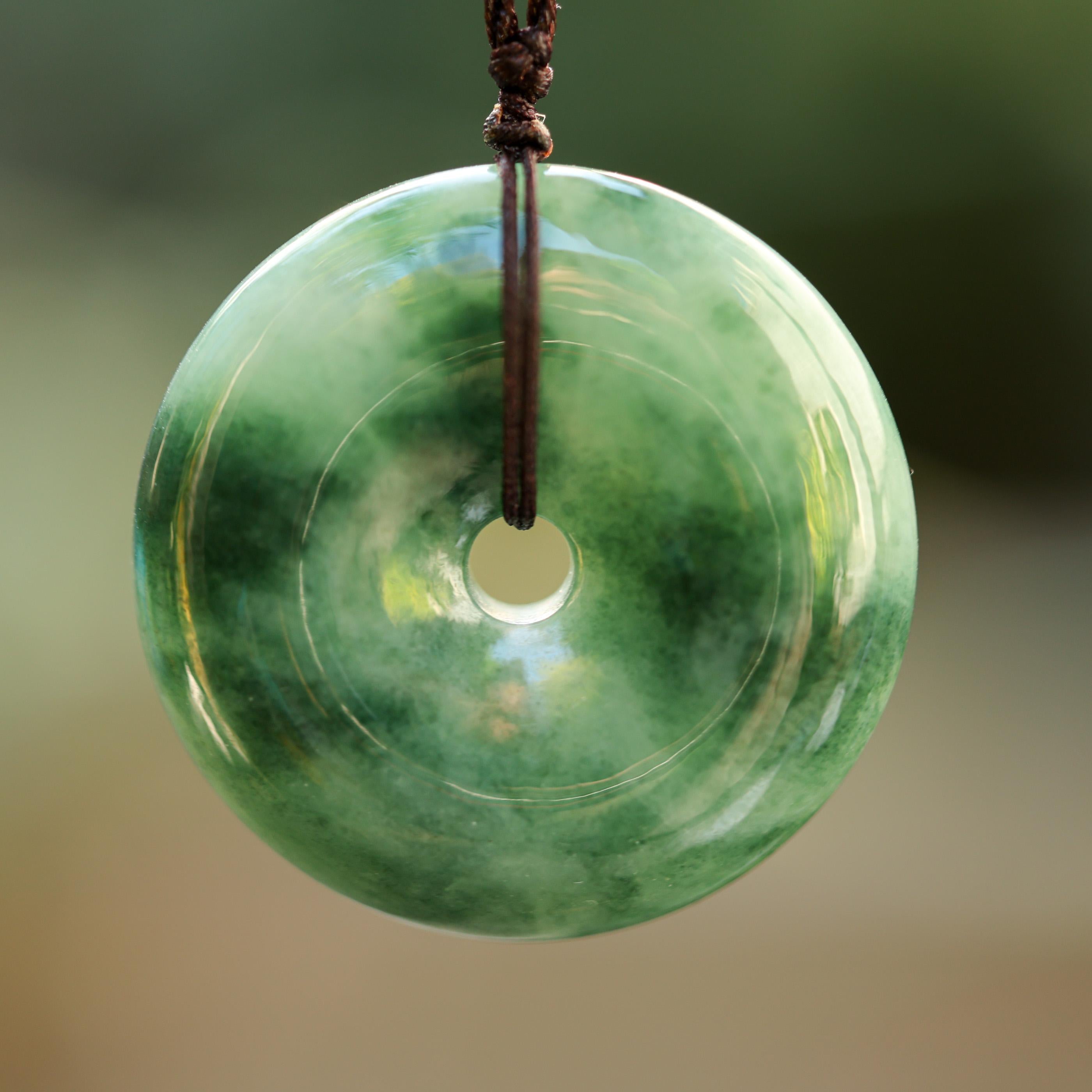 Green Jade Carved Bi on Cord