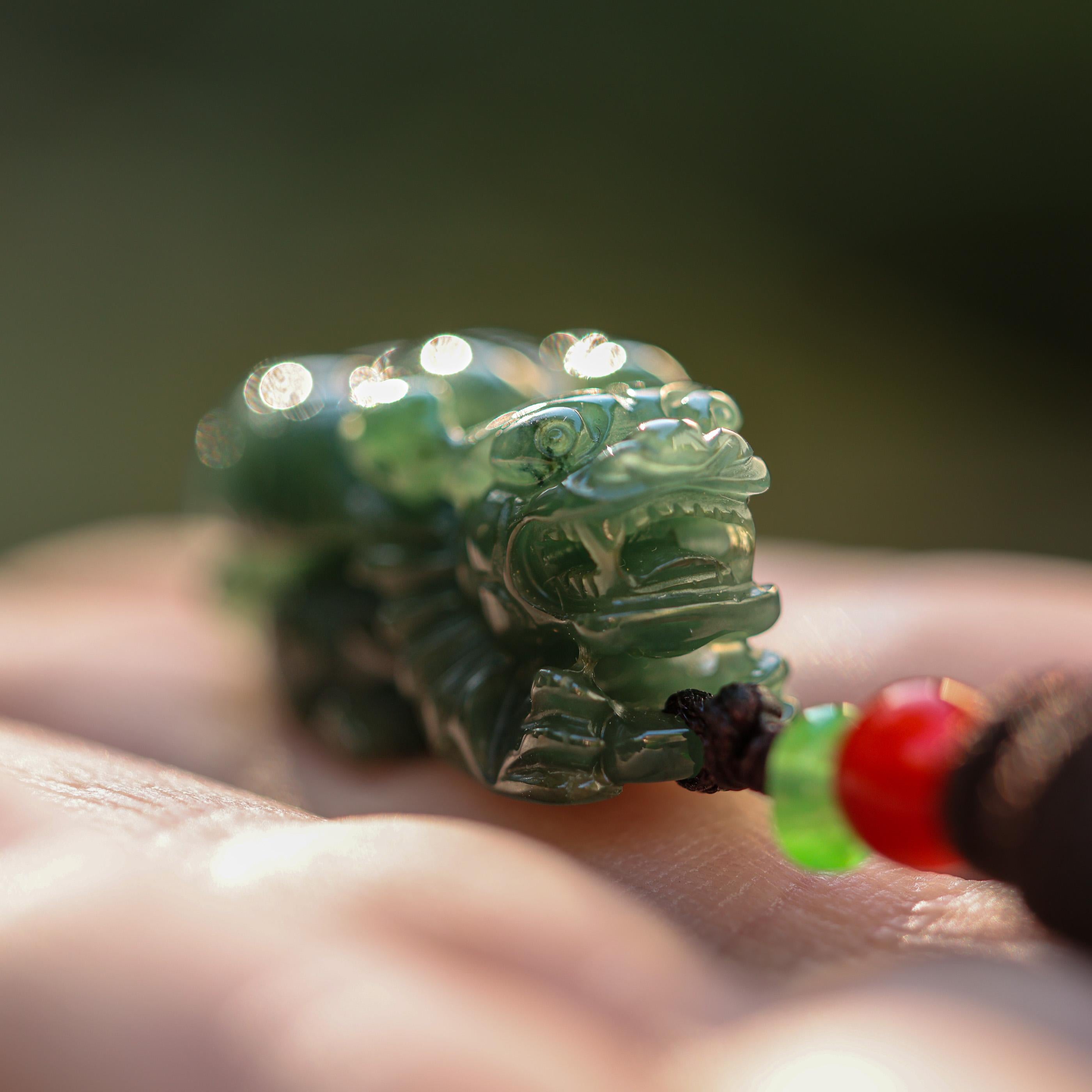 Green Jade Pixiu Carving on Cord Necklace