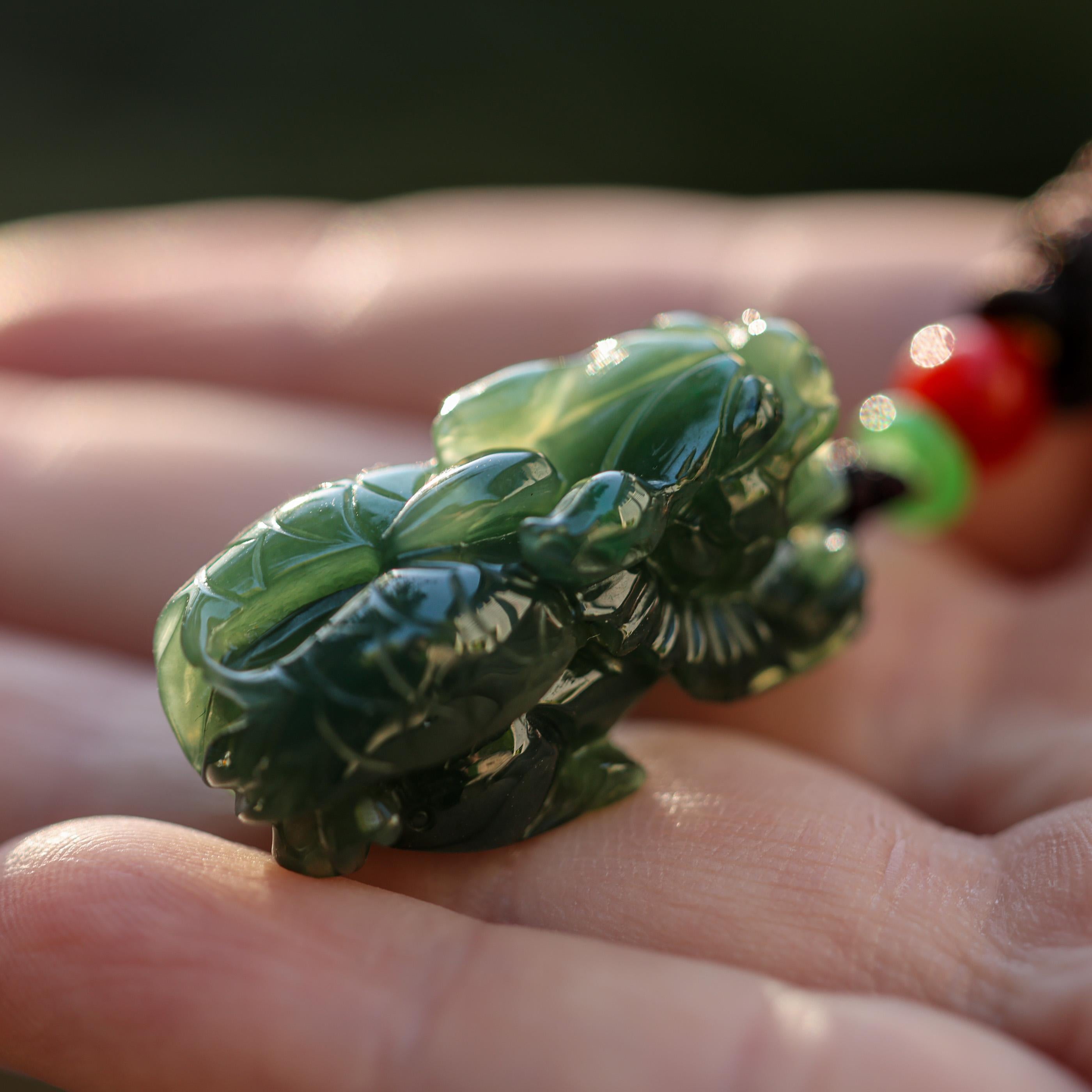 Green Jade Pixiu Carving on Cord Necklace