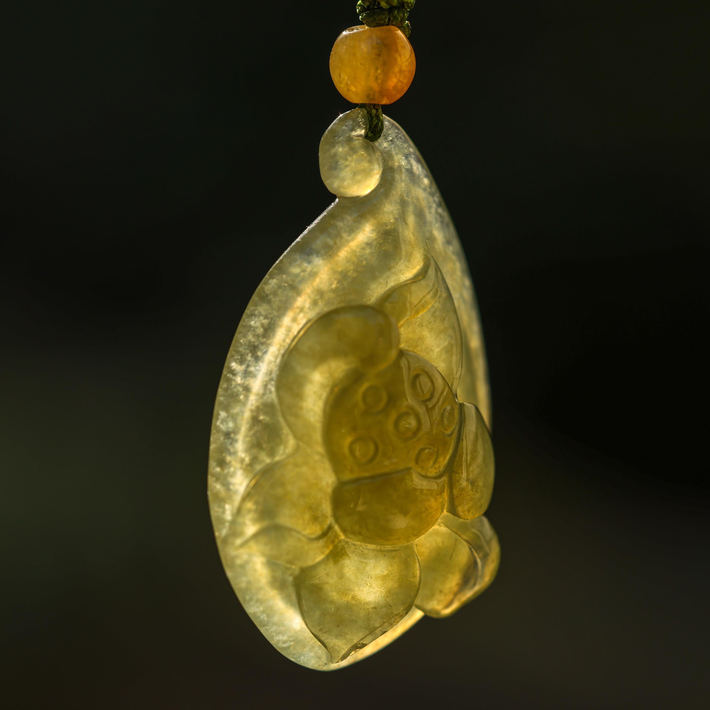 Yellow Green Jade Lotus Seed Carving on Cord Necklace