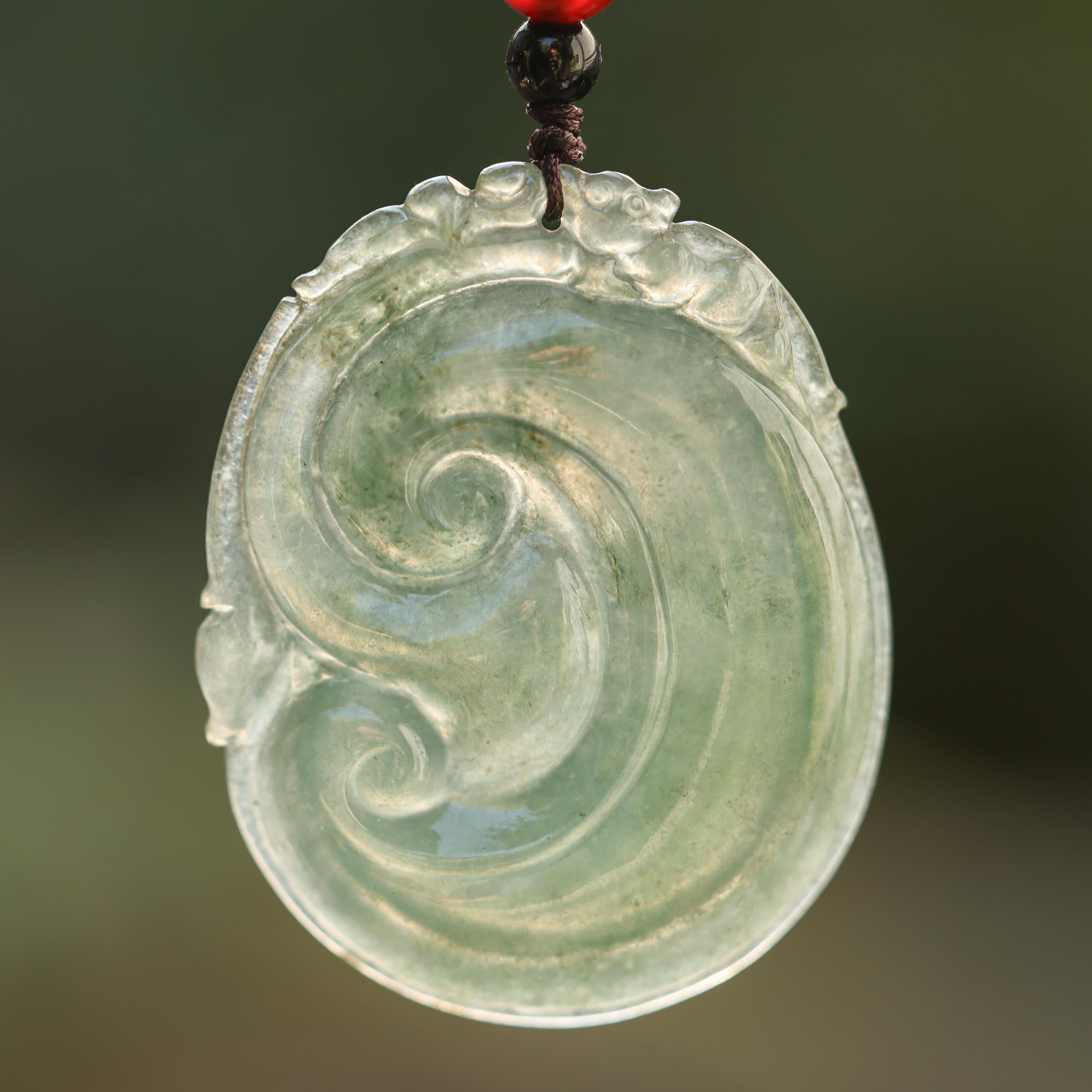 Green Jade Lingzhi Carving on Cord Necklace