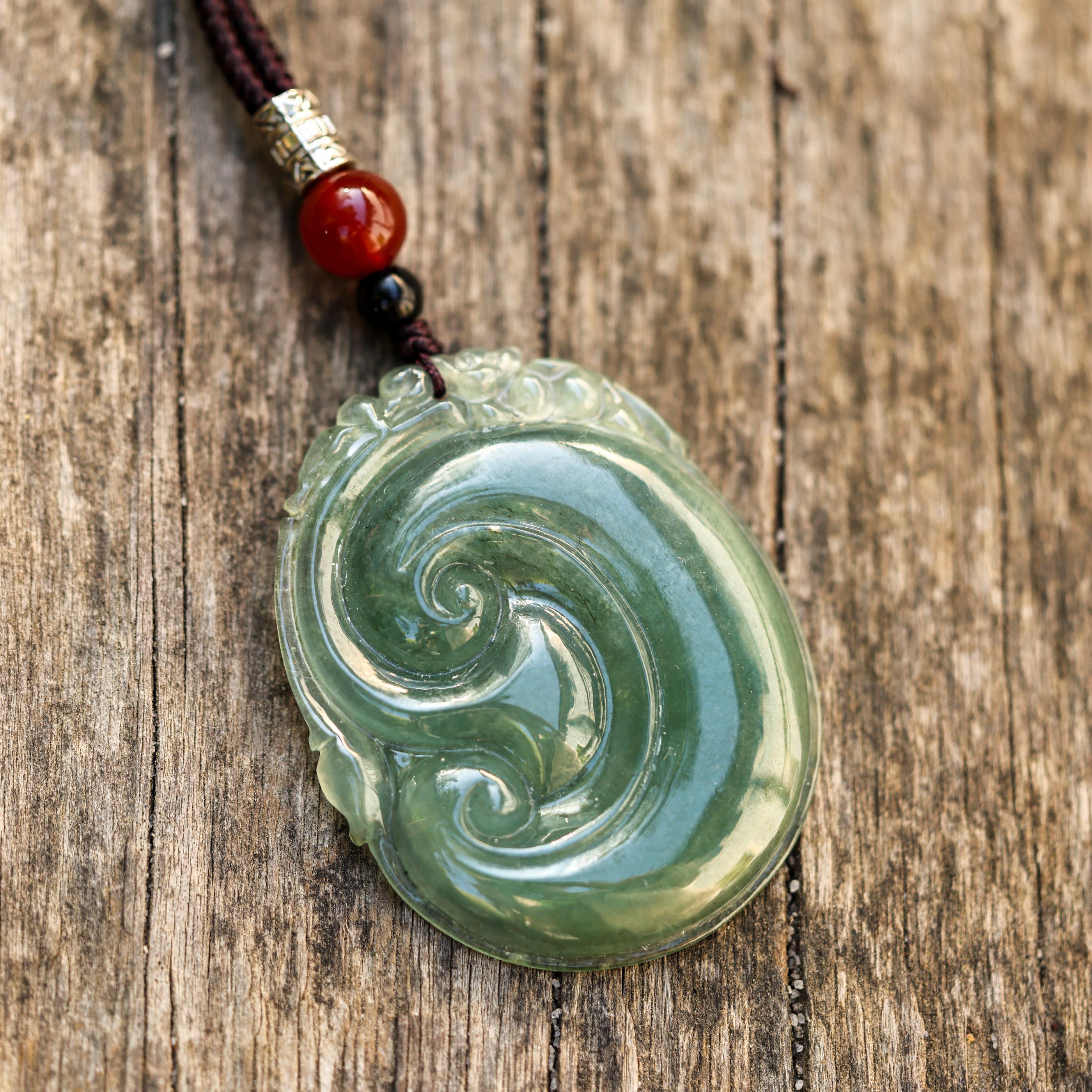 Green Jade Lingzhi Carving on Cord Necklace