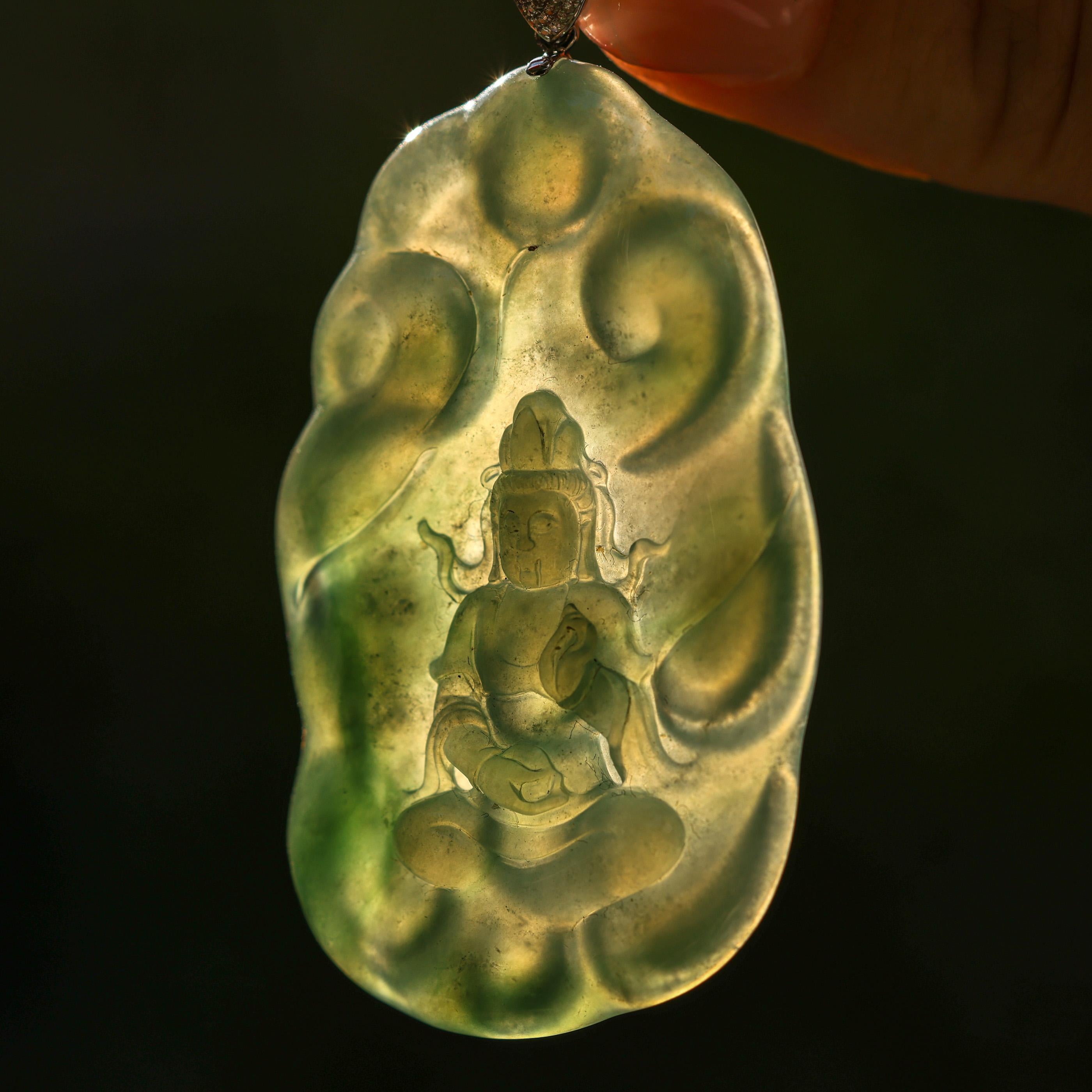 Green Jade Guanyin Carving 18K Pendant with Diamond Accents