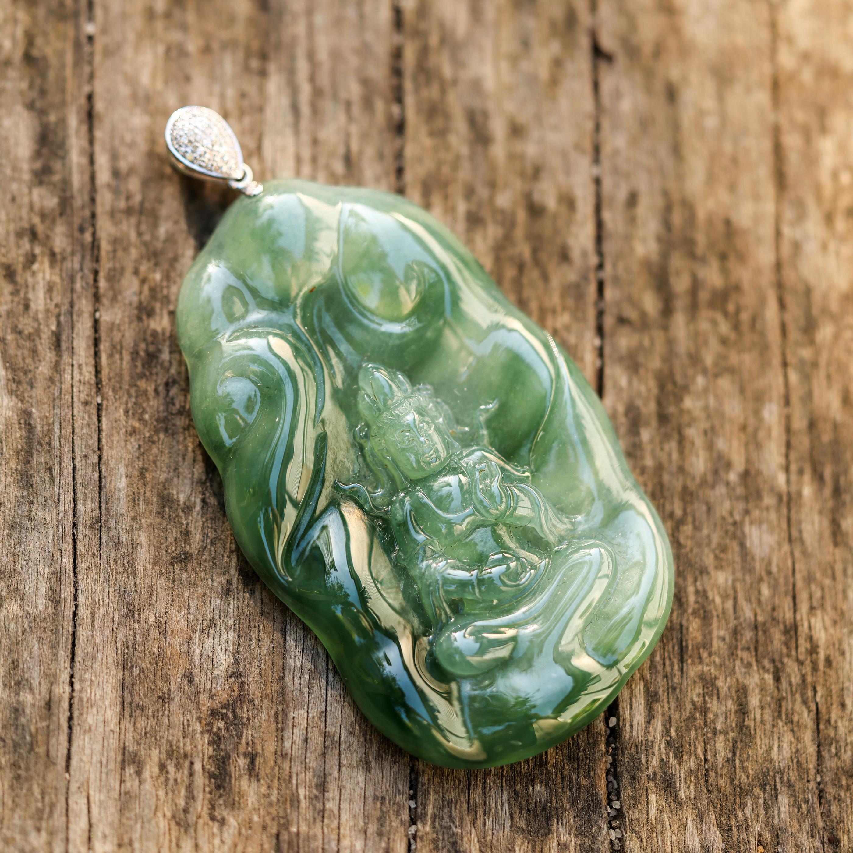 Green Jade Guanyin Carving 18K Pendant with Diamond Accents