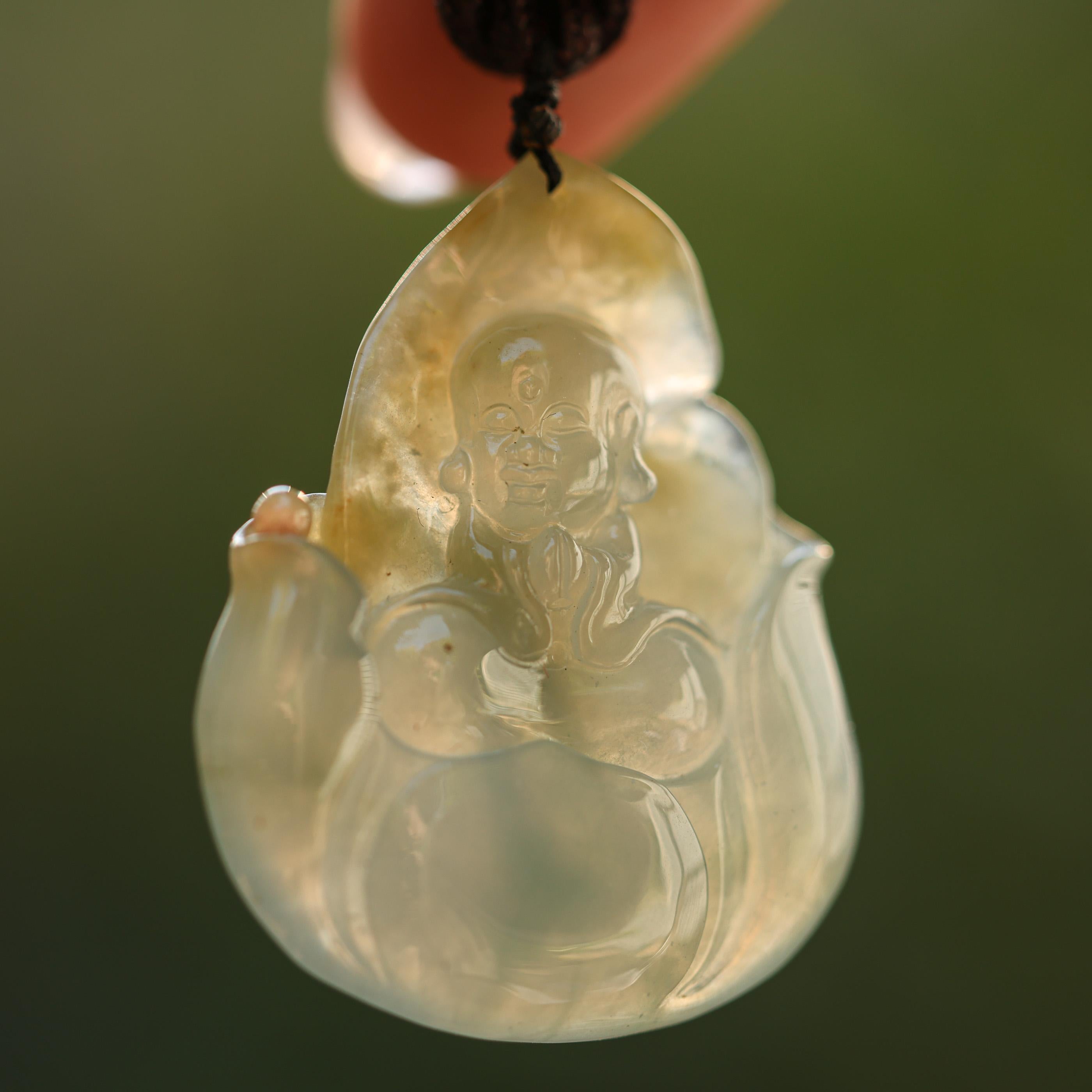 Green and Yellow Jade Buddha Carving on Cord Necklace