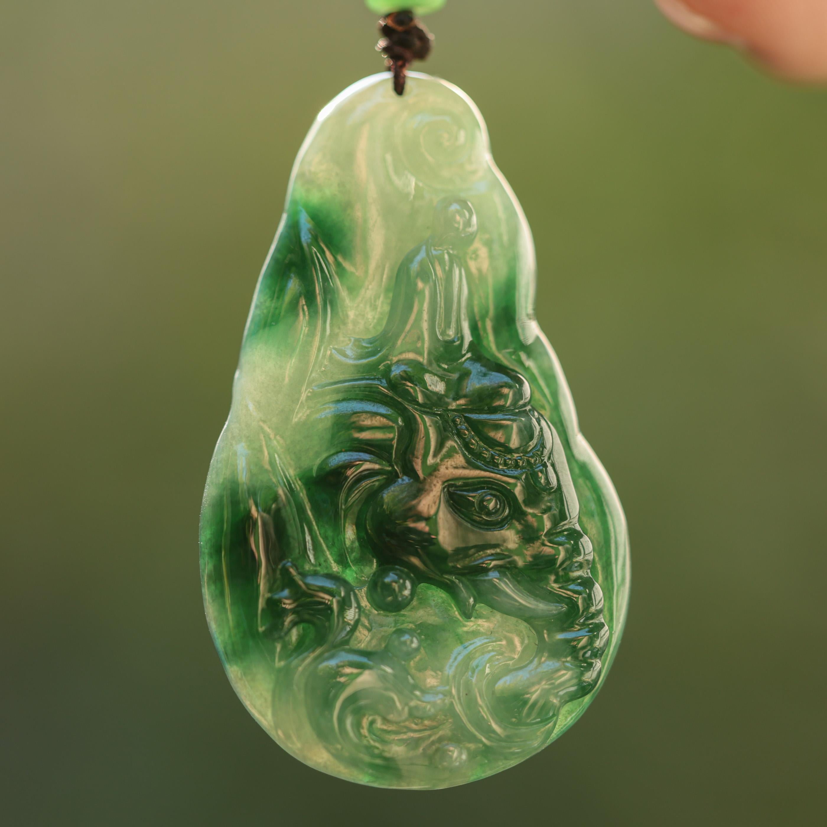 Green Jade Carving of Elephant on Cord Necklace