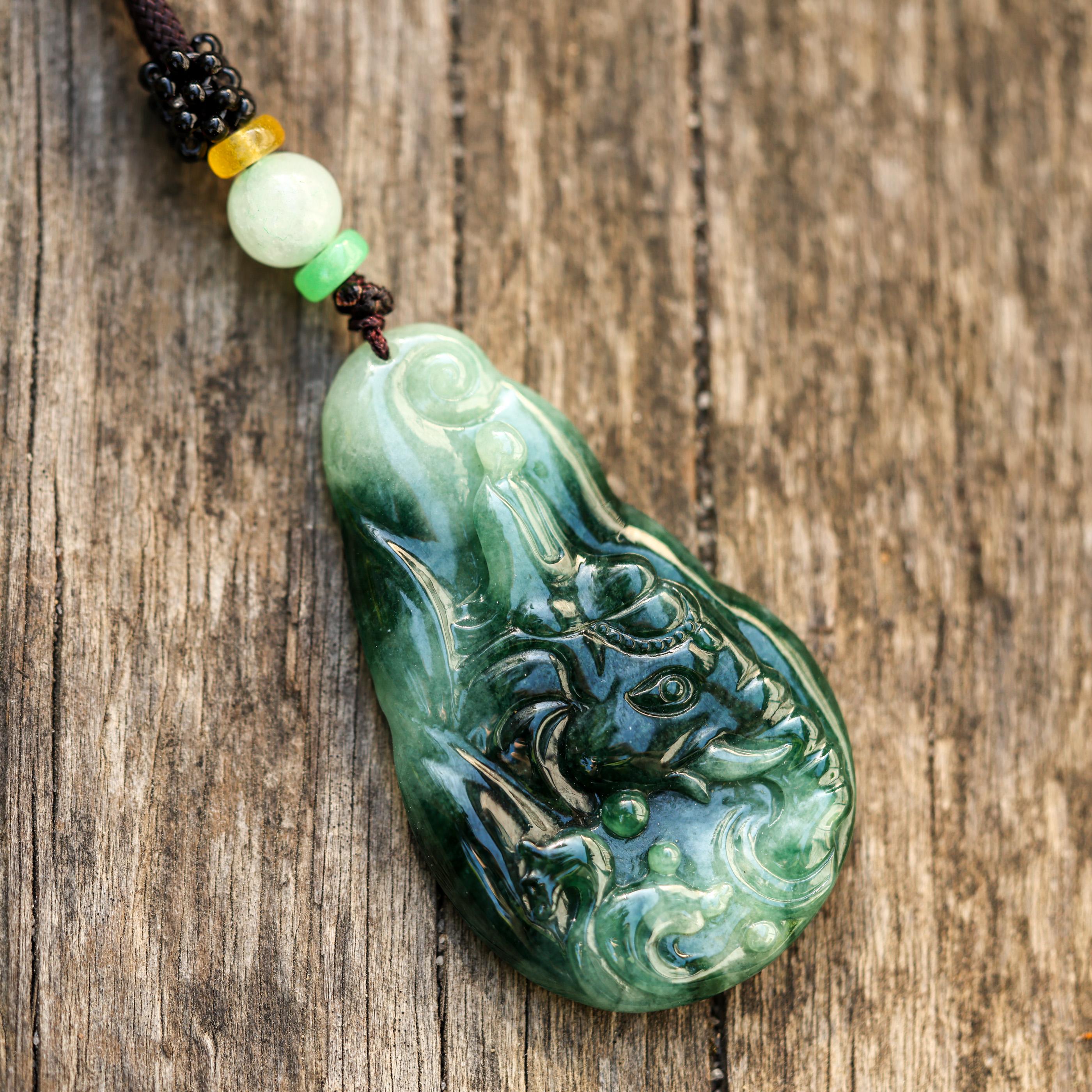 Green Jade Carving of Elephant on Cord Necklace