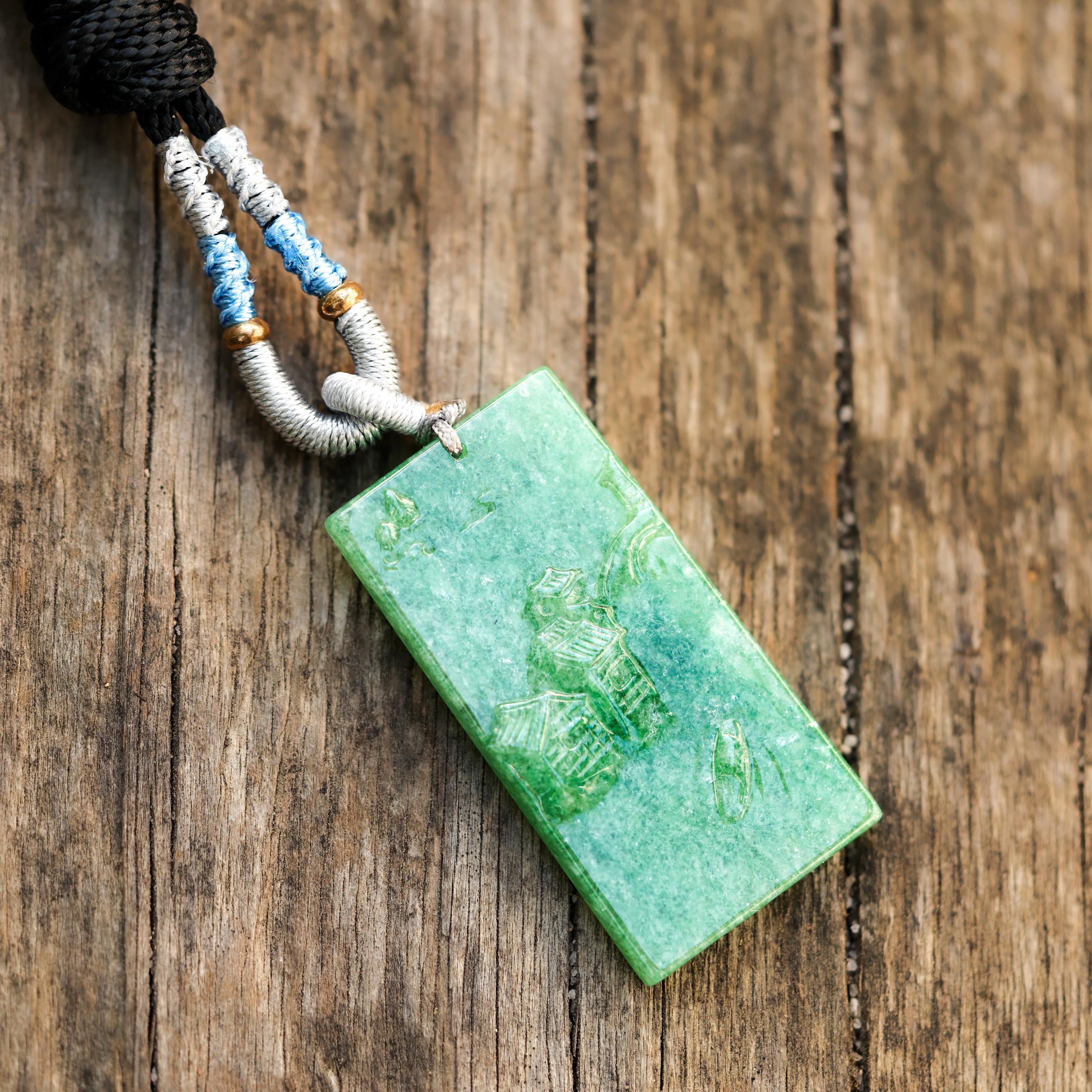 Green Jade Carving of Houses on Cord Necklace