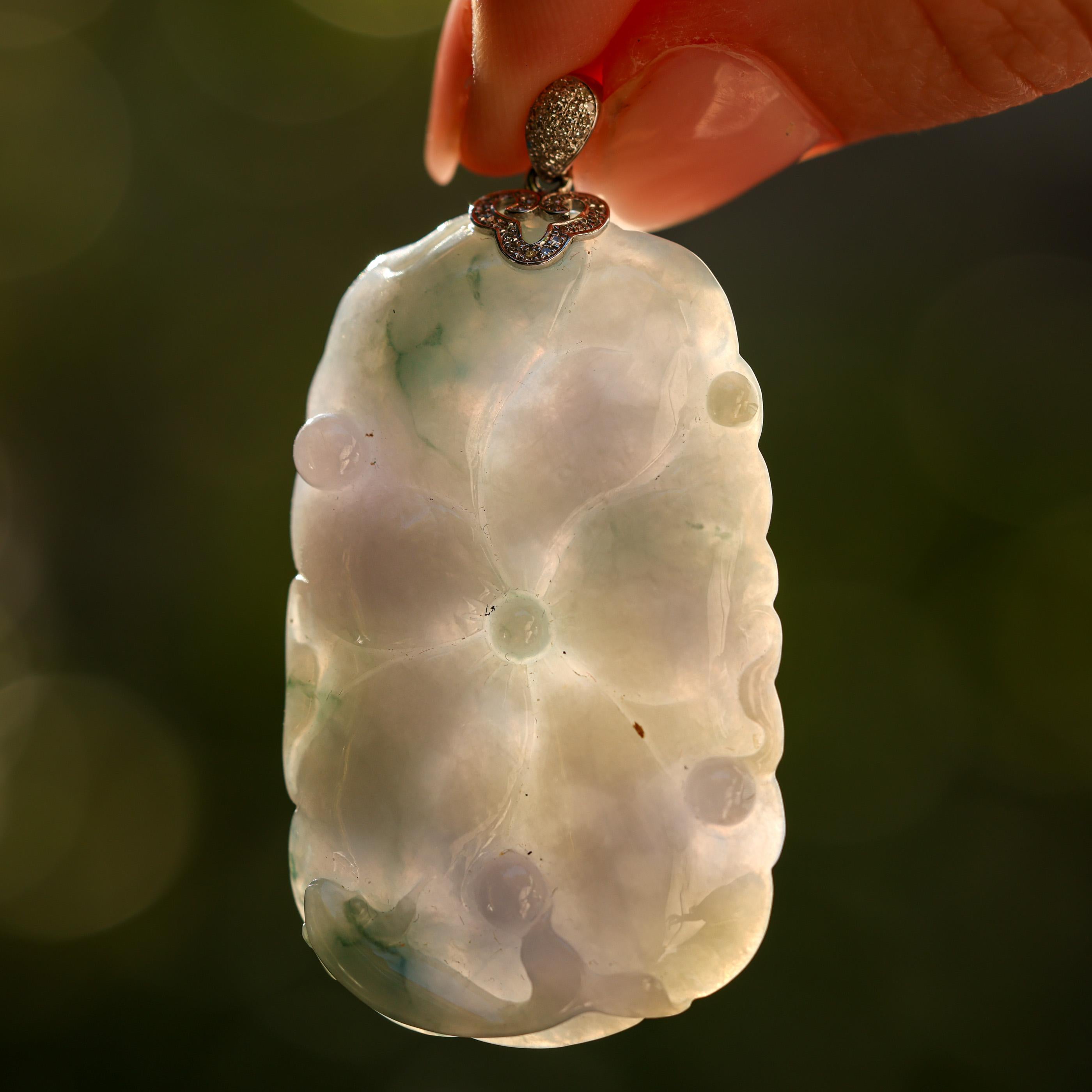 Lavender Jade Floral Carving and 18K Diamond Pendant