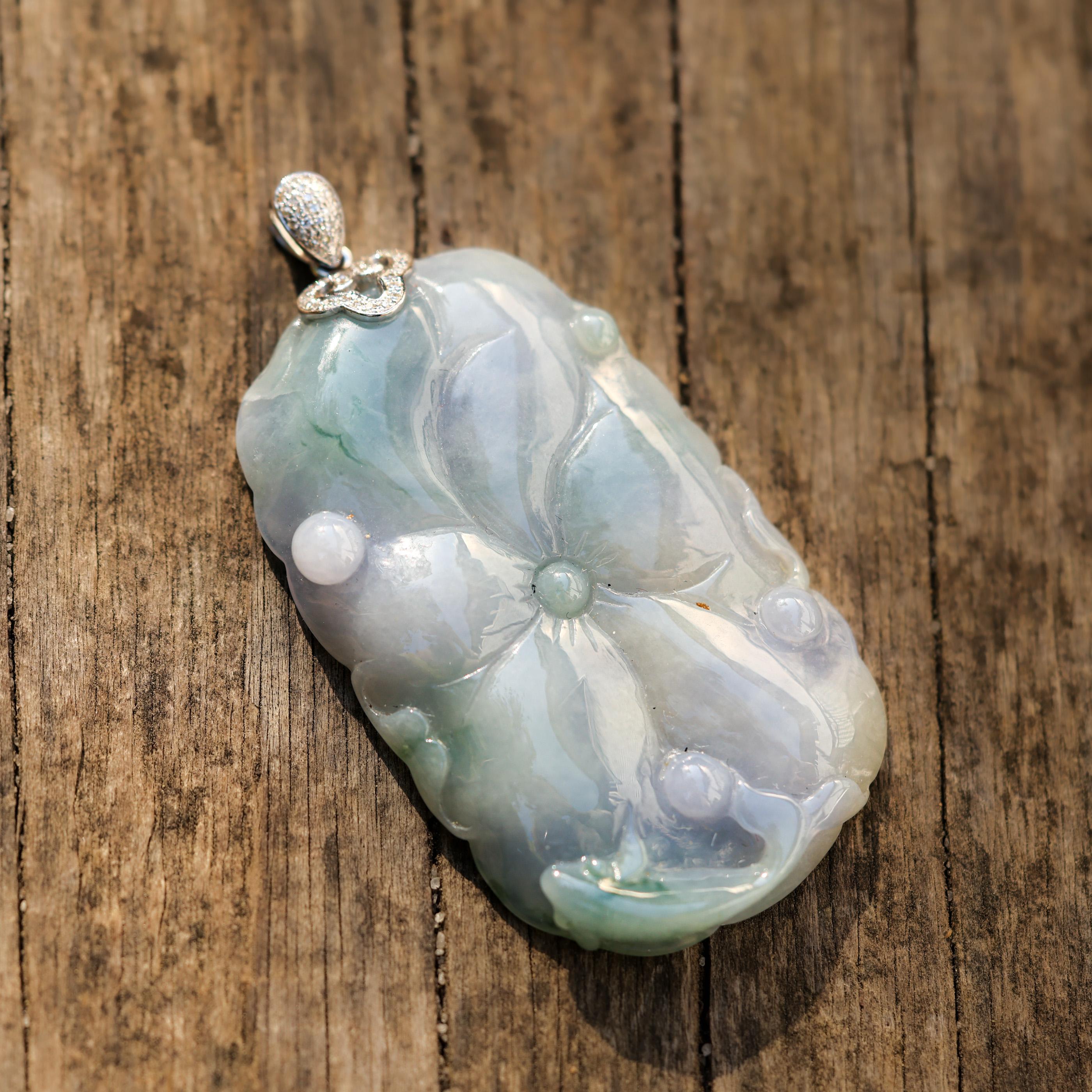Lavender Jade Floral Carving and 18K Diamond Pendant