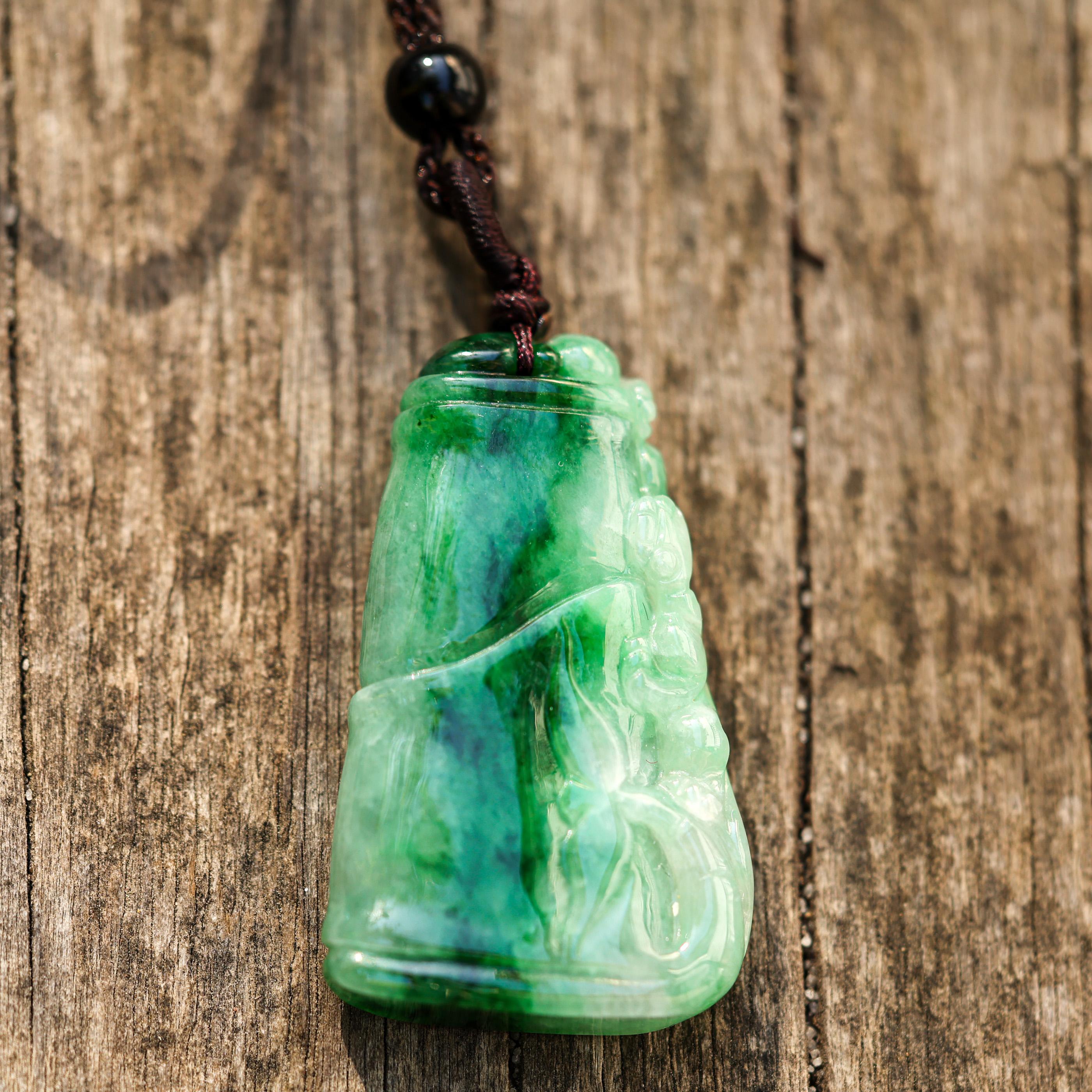 Green Jade Carving on Cord Necklace
