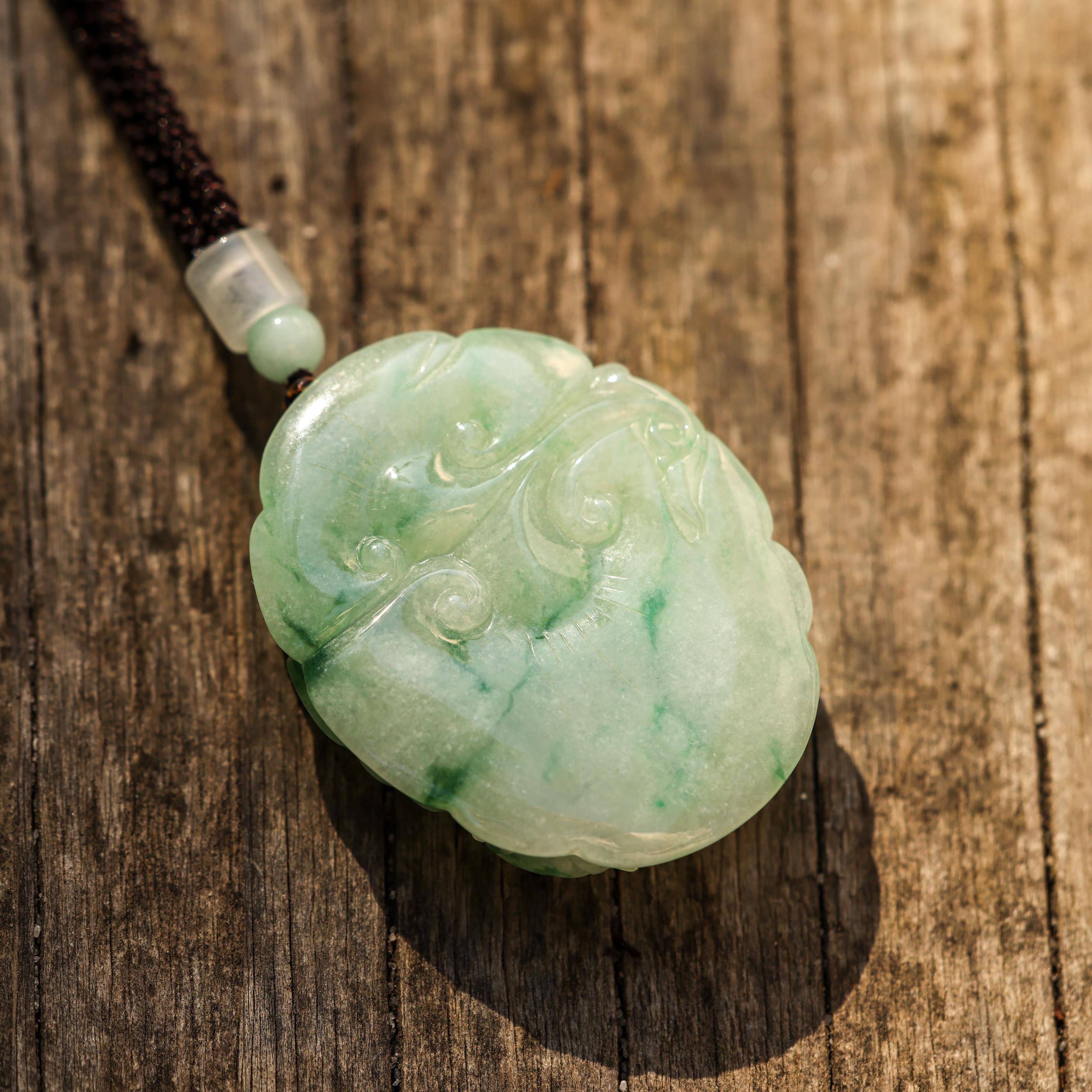 Green Jadeite Jade Carving of Flower & Frogs on Cord Necklace