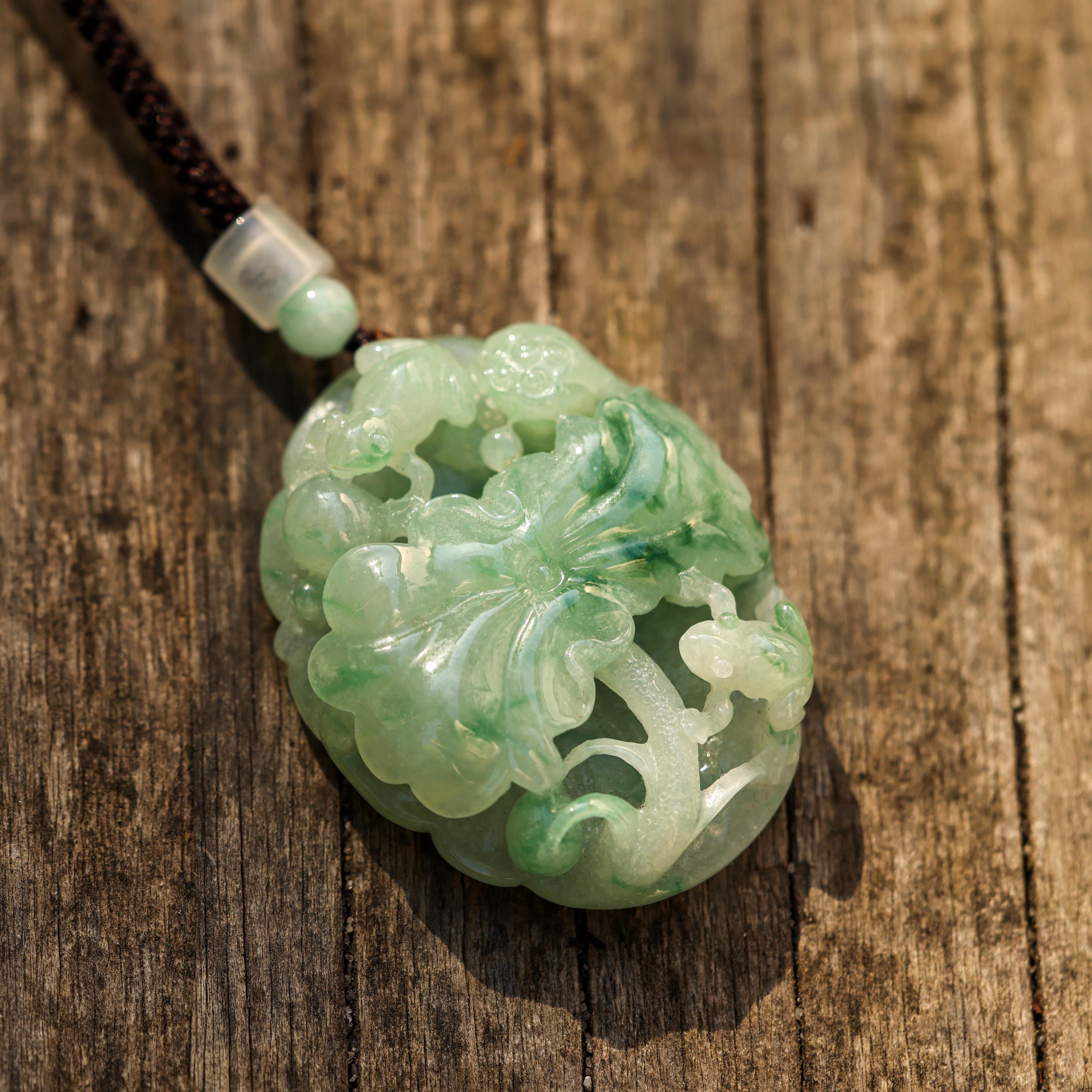 Green Jadeite Jade Carving of Flower & Frogs on Cord Necklace