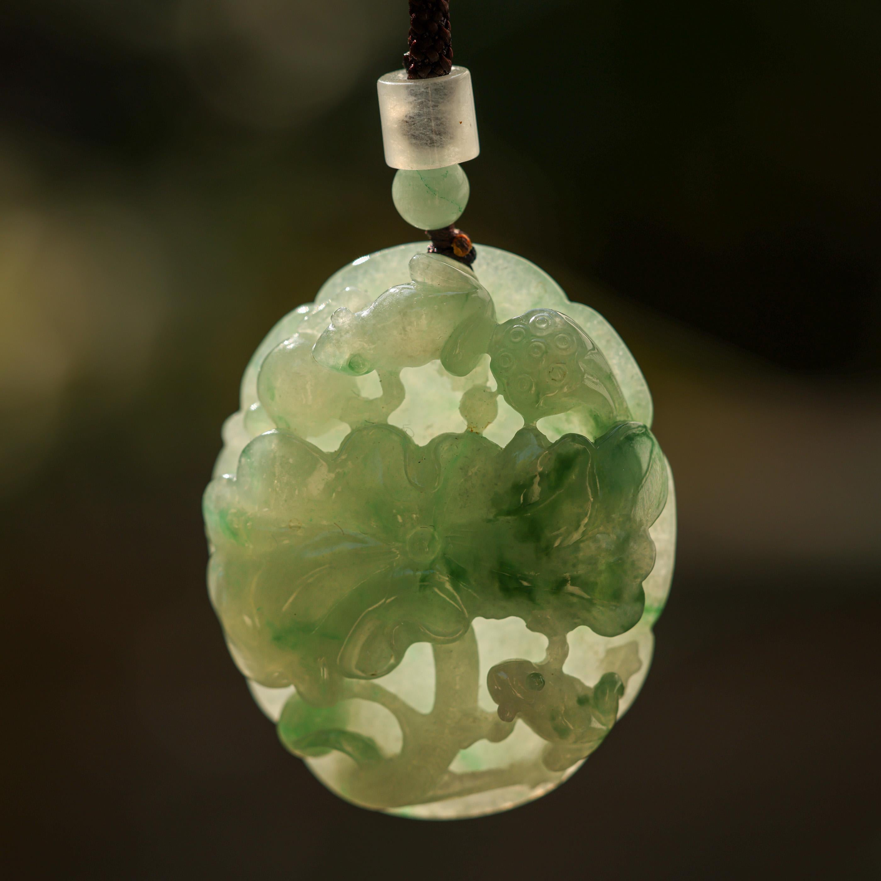 Green Jadeite Jade Carving of Flower & Frogs on Cord Necklace
