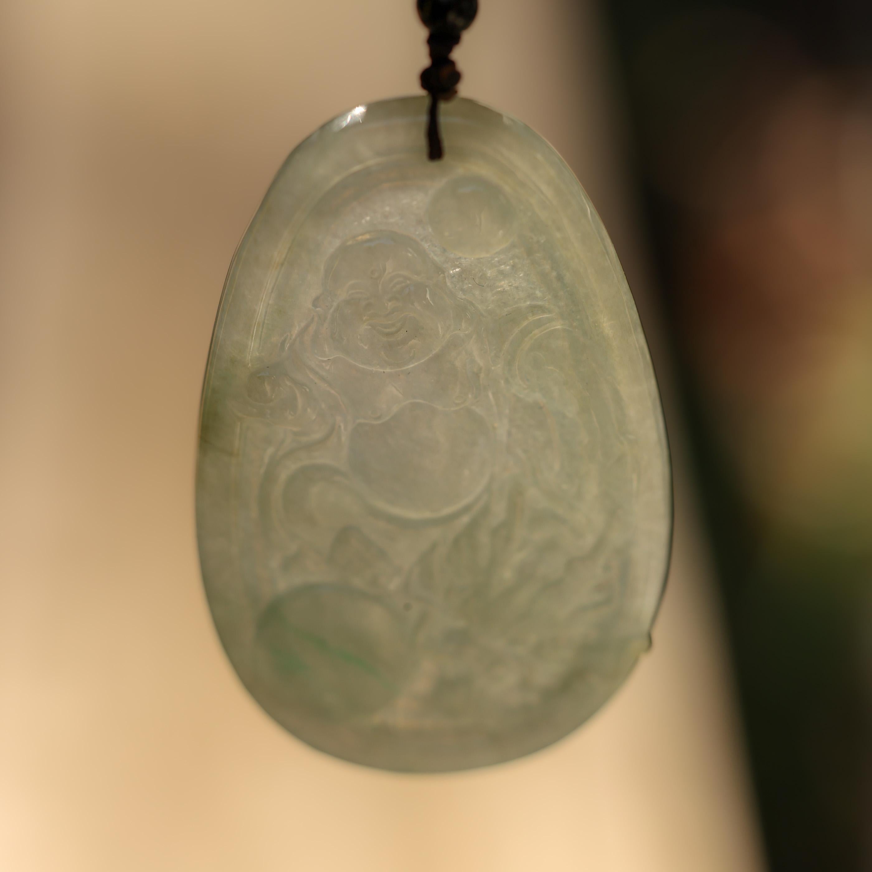 Icy Light Green Jade Buddha Carving on Cord Necklace